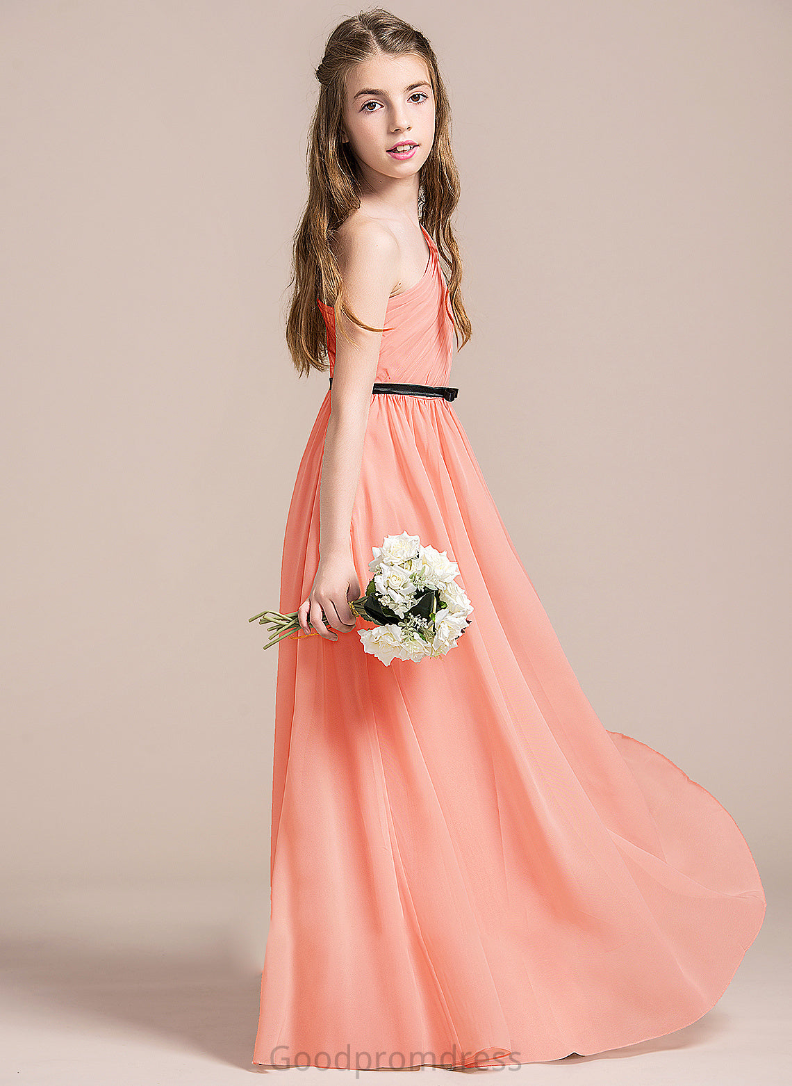 Ruffle Bow(s) Junior Bridesmaid Dresses Floor-Length A-Line Damaris Chiffon One-Shoulder With