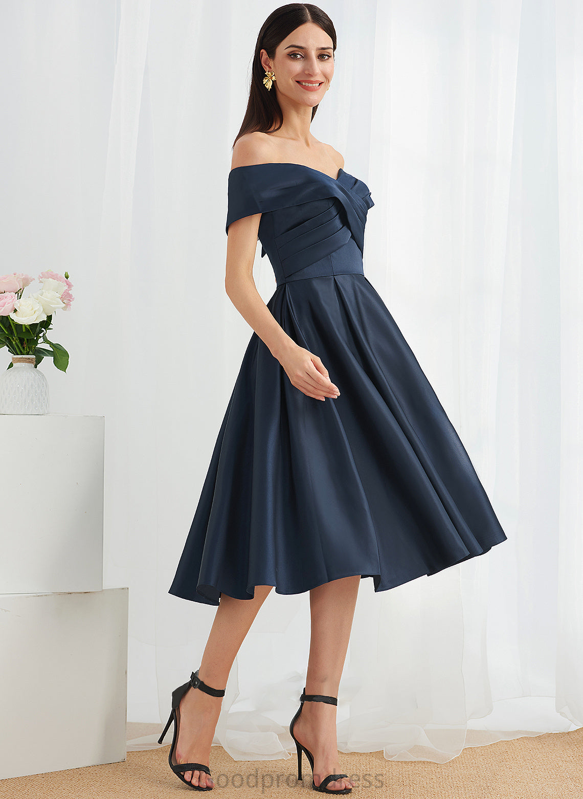 Silhouette Pockets Fabric Off-the-Shoulder Neckline Length Embellishment A-Line Knee-Length Jaelynn Natural Waist A-Line/Princess Bridesmaid Dresses