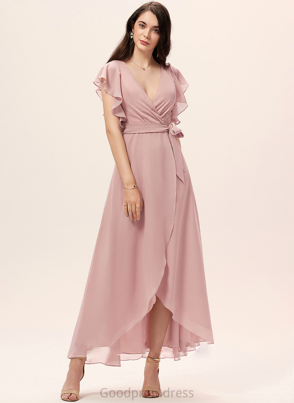 Fabric V-neck Ruffle Asymmetrical Neckline Embellishment Length Silhouette A-Line Emmy Floor Length A-Line/Princess Bridesmaid Dresses