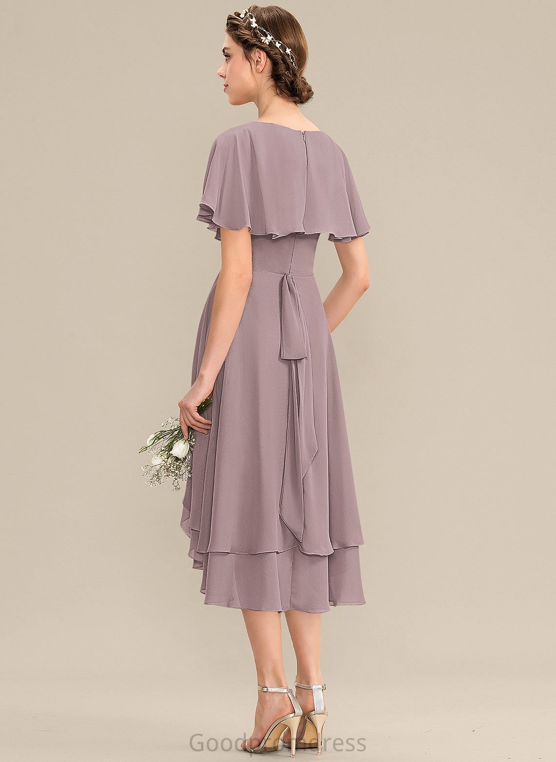 Neckline V-neck Silhouette Asymmetrical Embellishment Fabric Length CascadingRuffles A-Line Rory Sleeveless High Low Bridesmaid Dresses