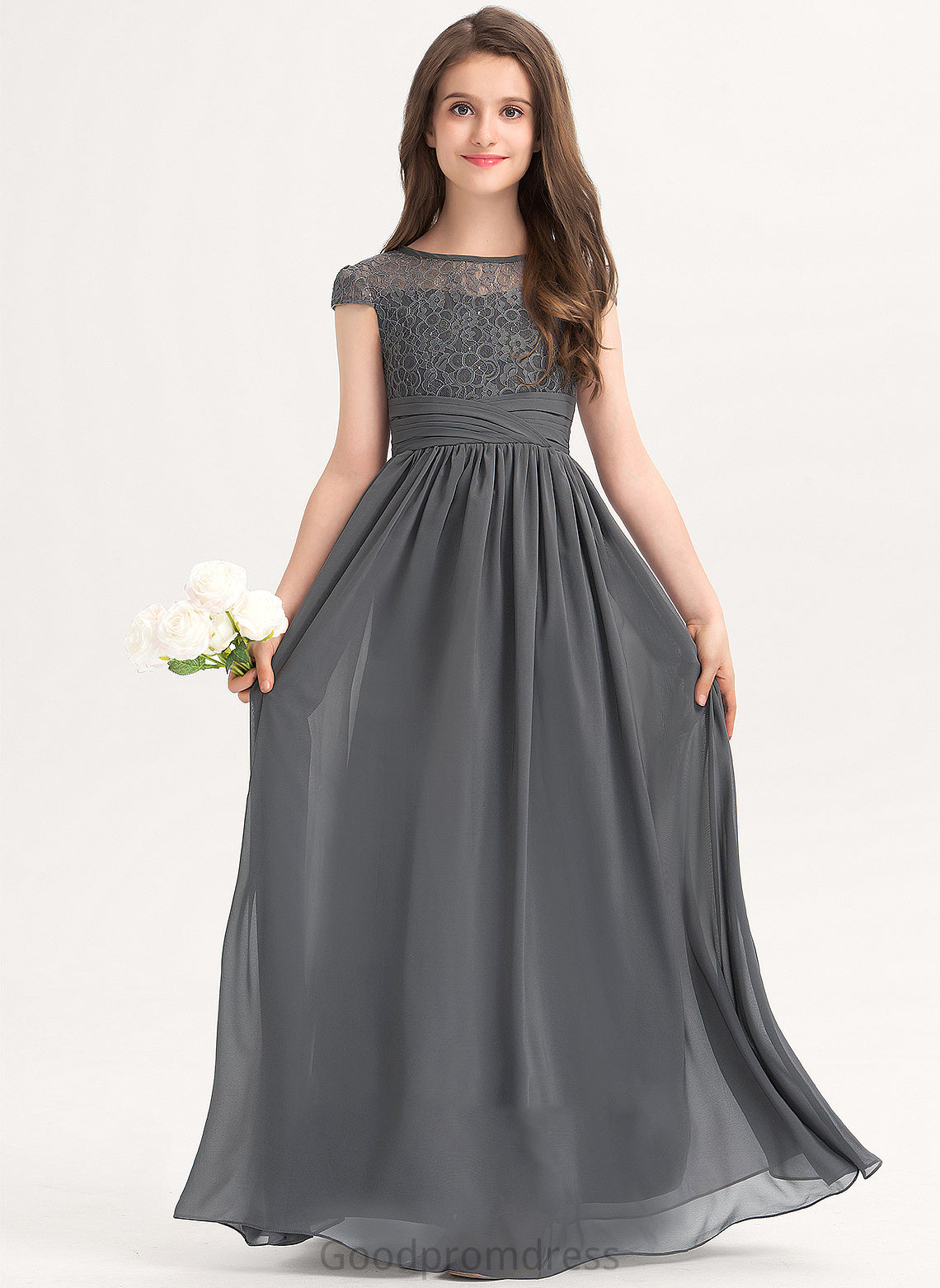 Lace Junior Bridesmaid Dresses Floor-Length A-Line With Scoop Chiffon Ruffle Mariam Neck