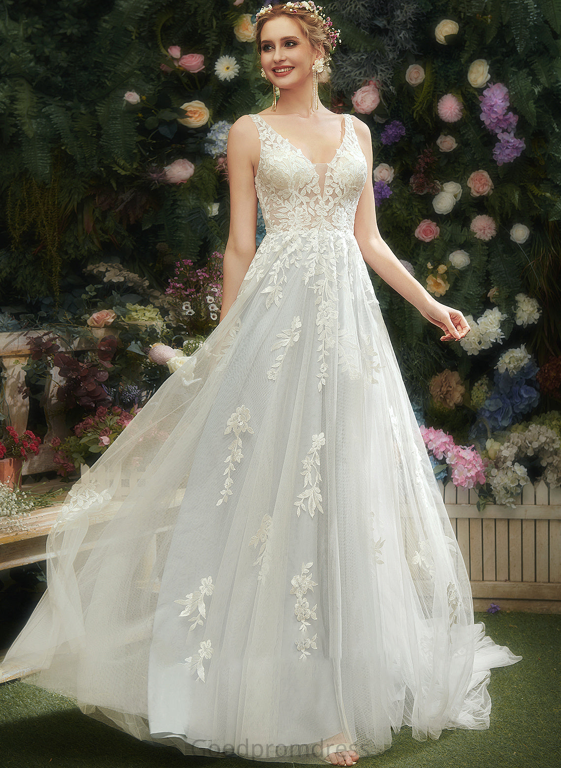 Dress Wedding V-neck Train With A-Line Addison Wedding Dresses Court Lace