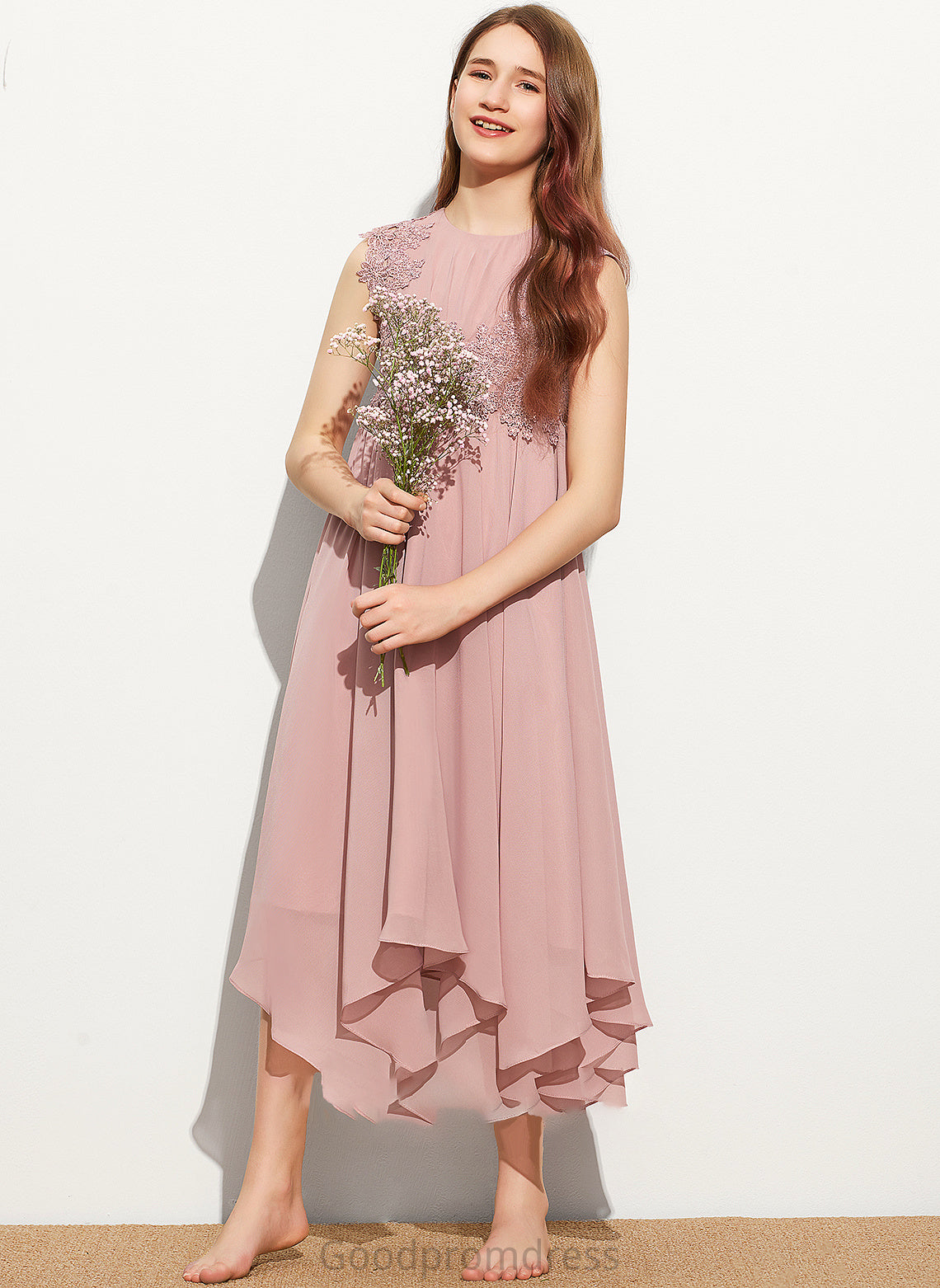 A-Line Chiffon Junior Bridesmaid Dresses Mollie Lace Tea-Length Scoop Neck