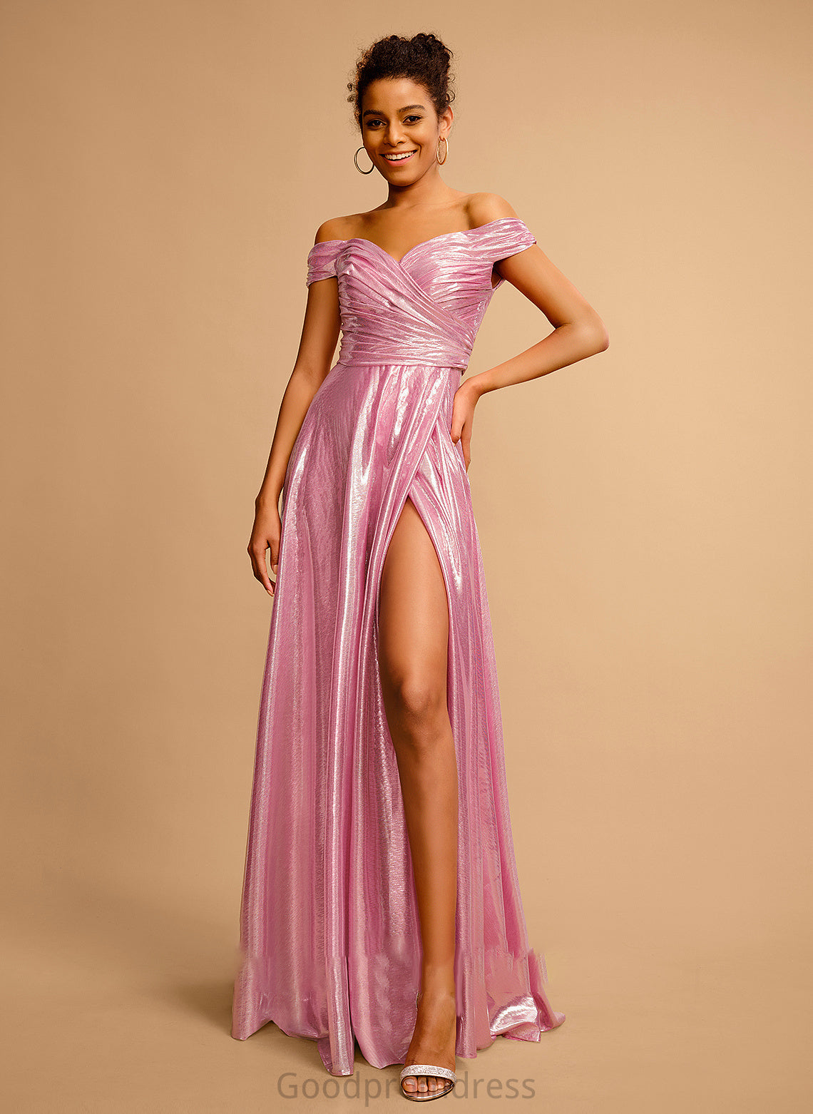 Satin With Floor-Length Prom Dresses Pleated Alexis Off-the-Shoulder Sequins A-Line