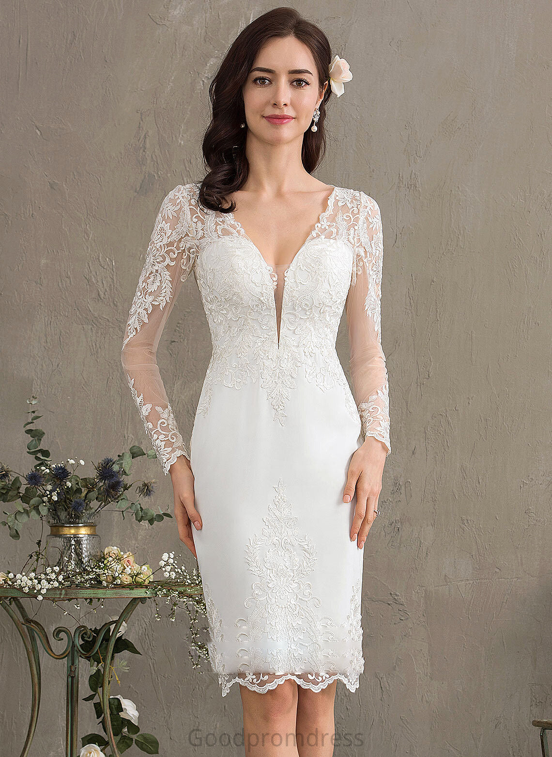 Crepe Sheath/Column V-neck Stretch Dress Wedding Dresses Knee-Length Maureen Wedding