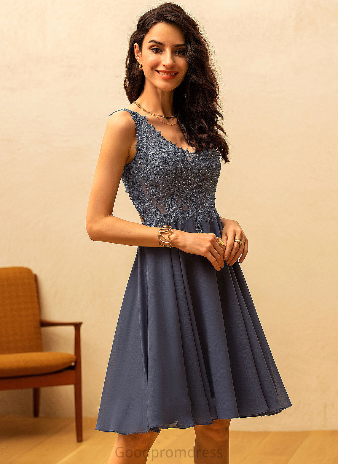 Homecoming Dresses Beading V-neck Homecoming With A-Line Lace Chiffon Dress Lexi Knee-Length