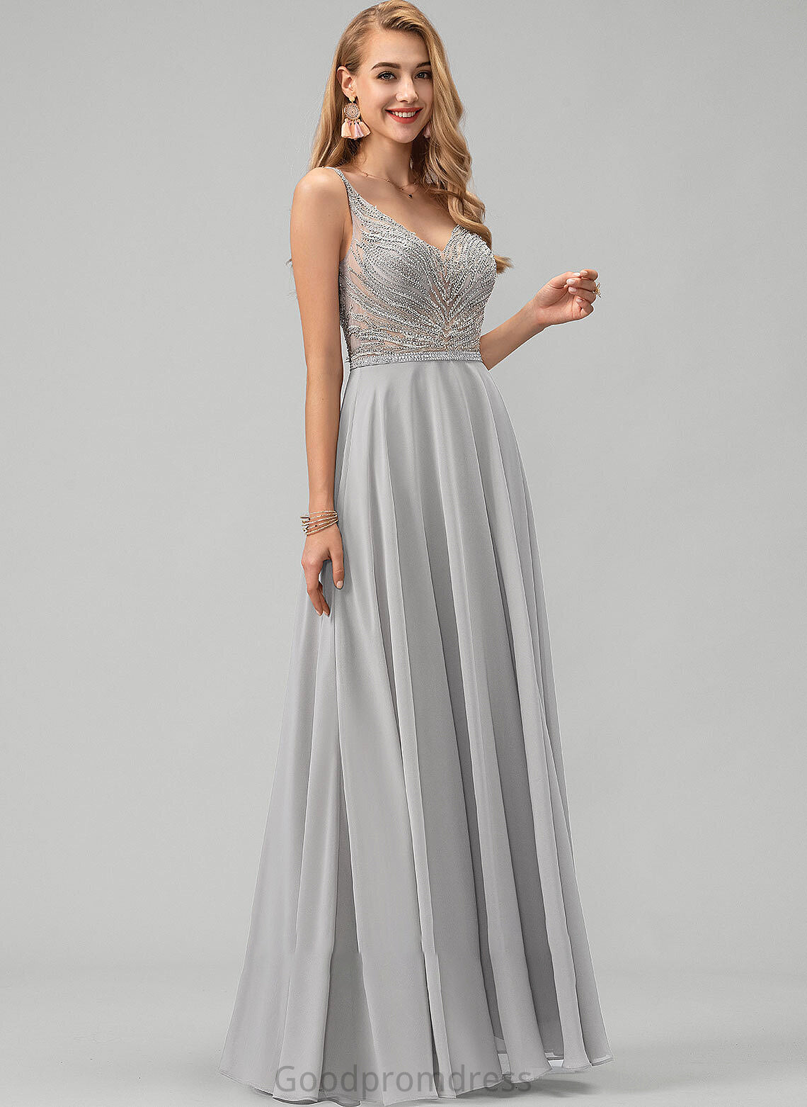 Prom Dresses A-Line Phoebe Sequins Chiffon With Floor-Length V-neck Beading