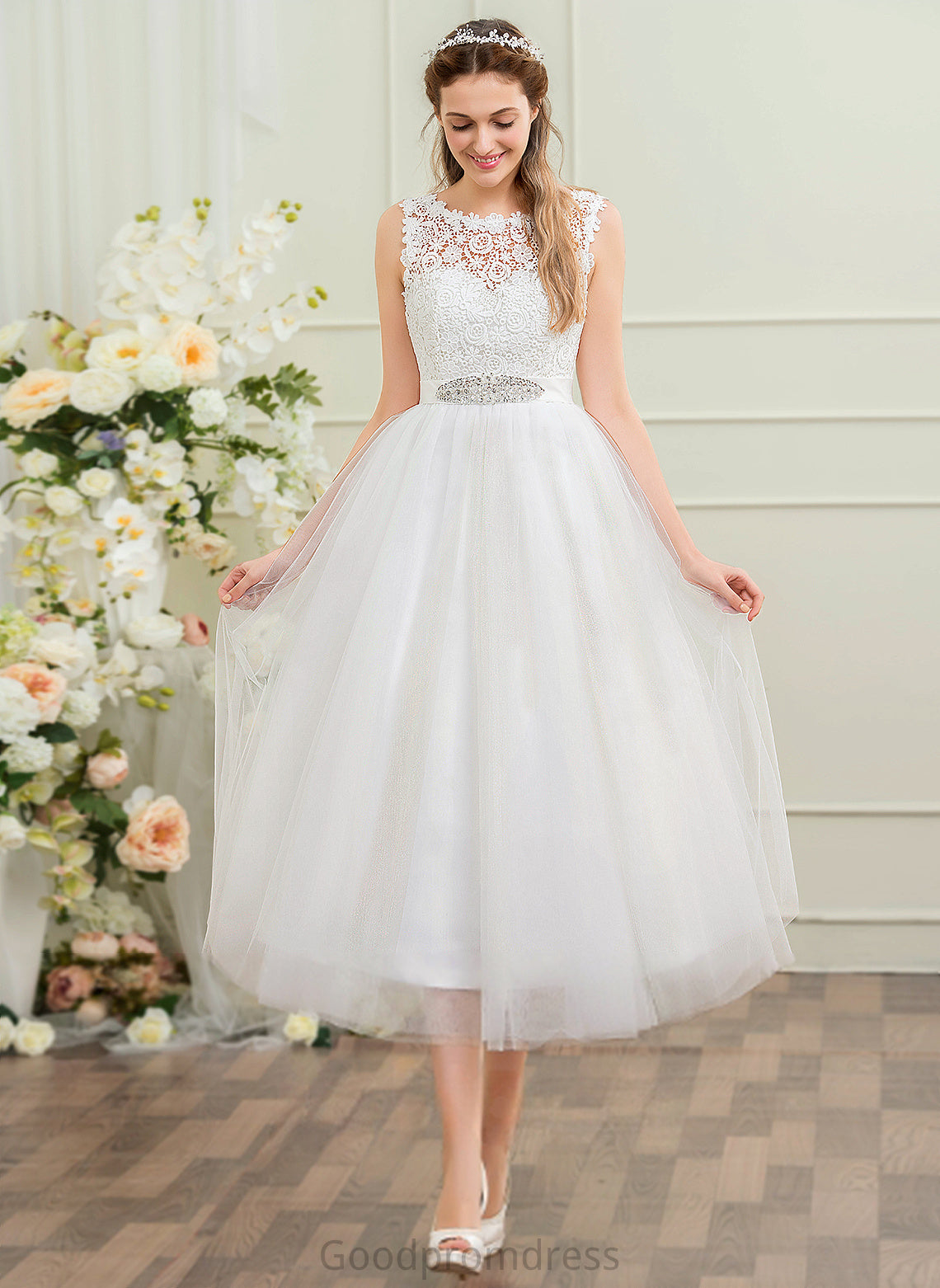 Beading Dress Alexa Tulle Satin With Sequins Wedding Dresses Tea-Length Lace Wedding Ball-Gown/Princess