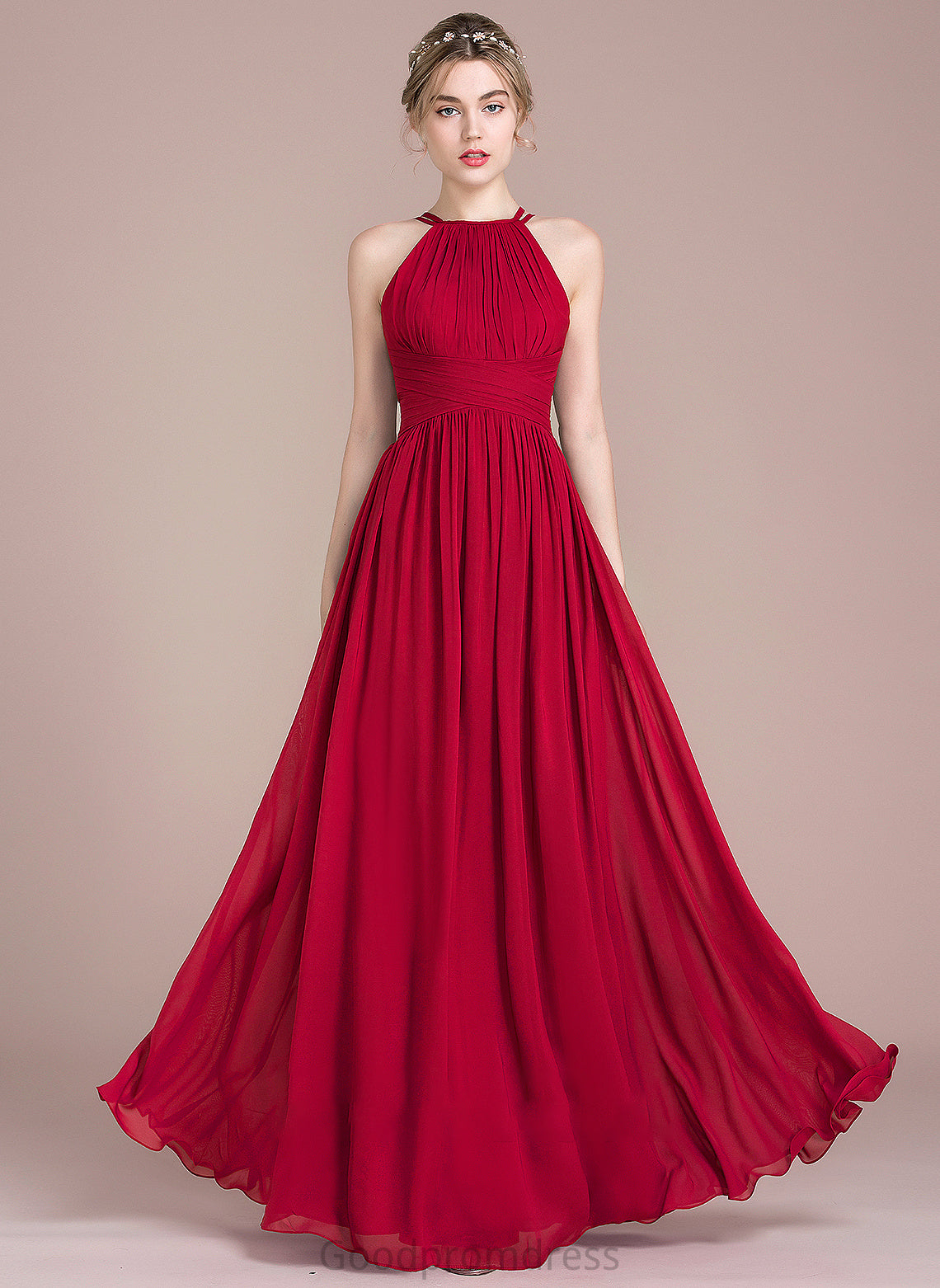 With Floor-Length Gina Prom Dresses A-Line Ruffle Scoop Chiffon Neck