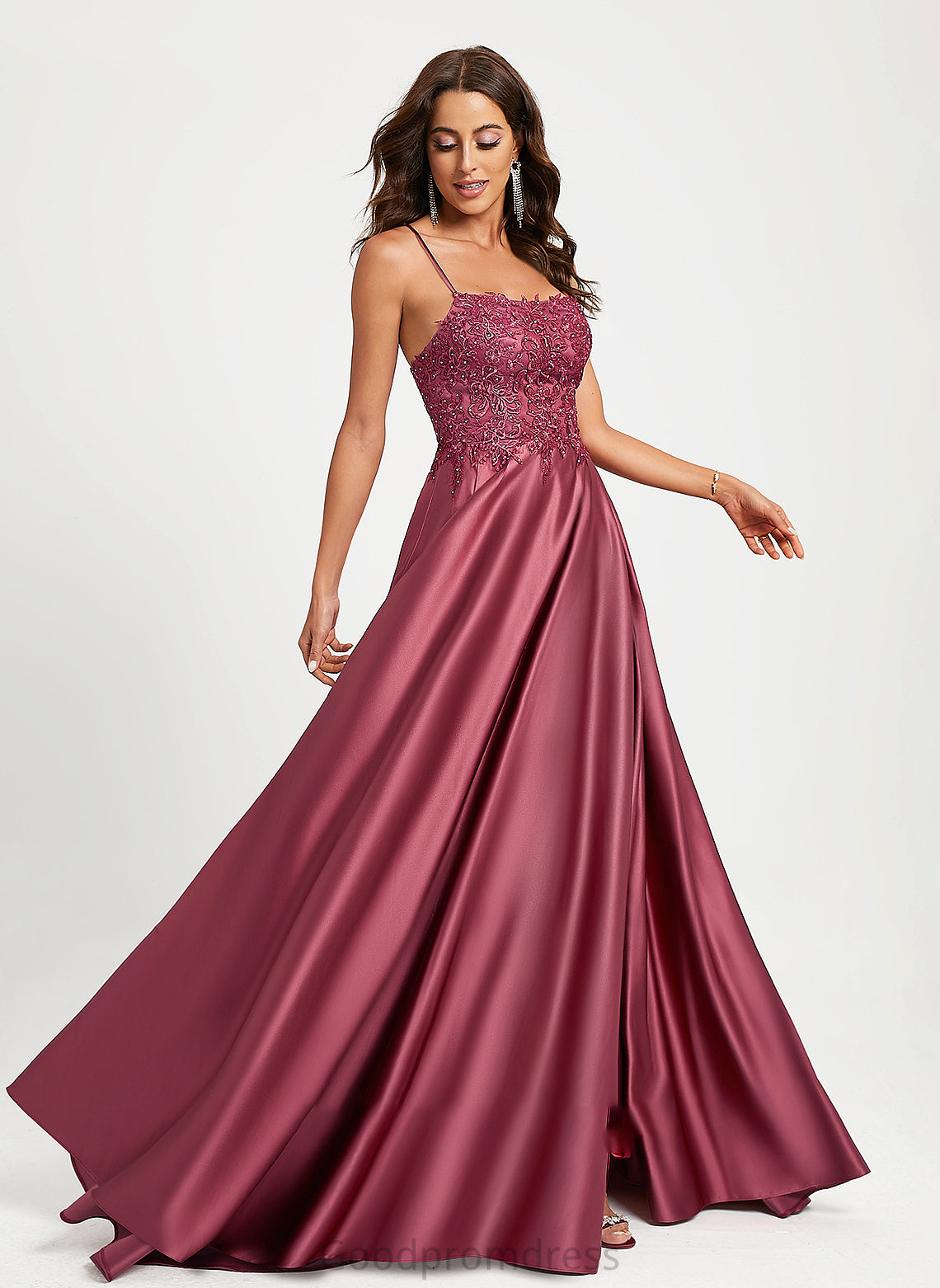 Prom Dresses With Square Neckline Sweep Satin Train Makenna Beading A-Line Sequins