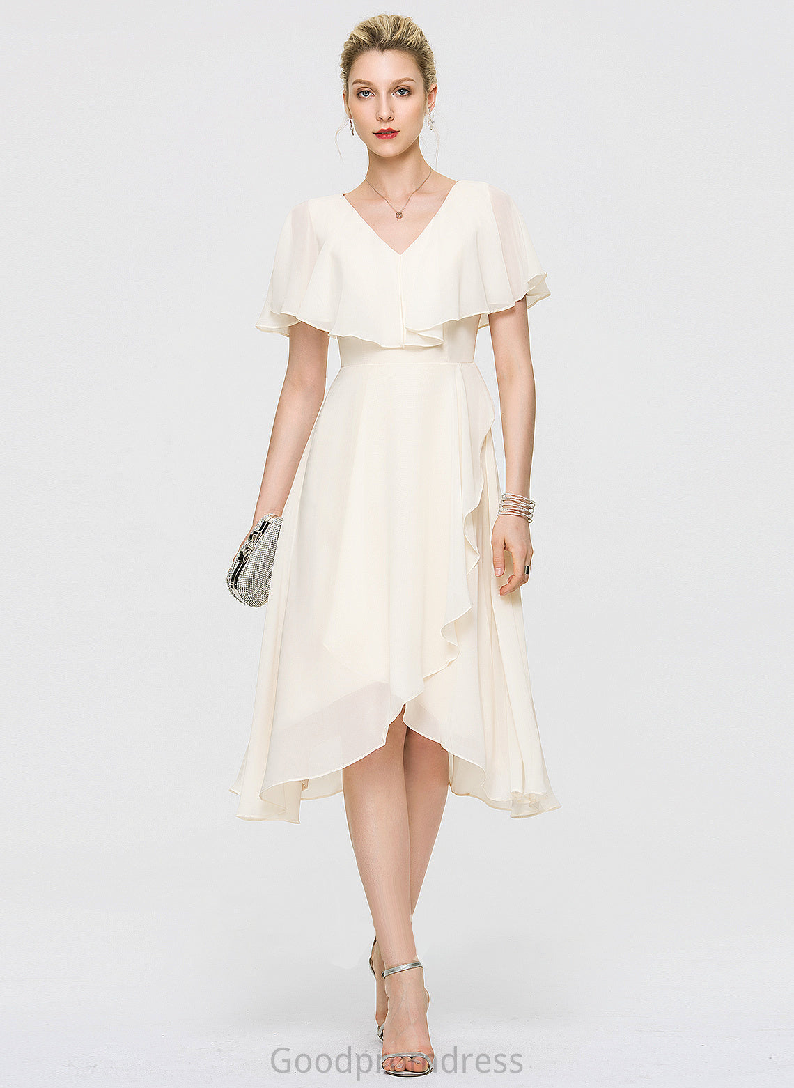 Chiffon V-neck A-Line Bow(s) Dress With Ruffles Asymmetrical Cascading Wedding Dresses Wedding Cailyn