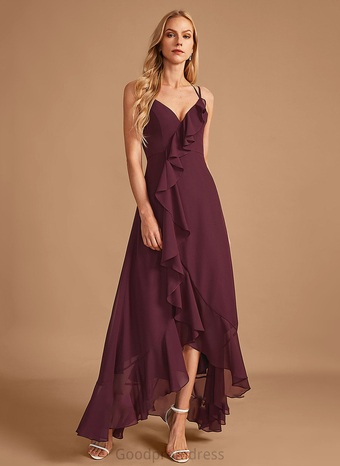 V-neck A-Line Length Fabric Ruffle Asymmetrical Embellishment Neckline SplitFront Silhouette Gwen Floor Length Bridesmaid Dresses