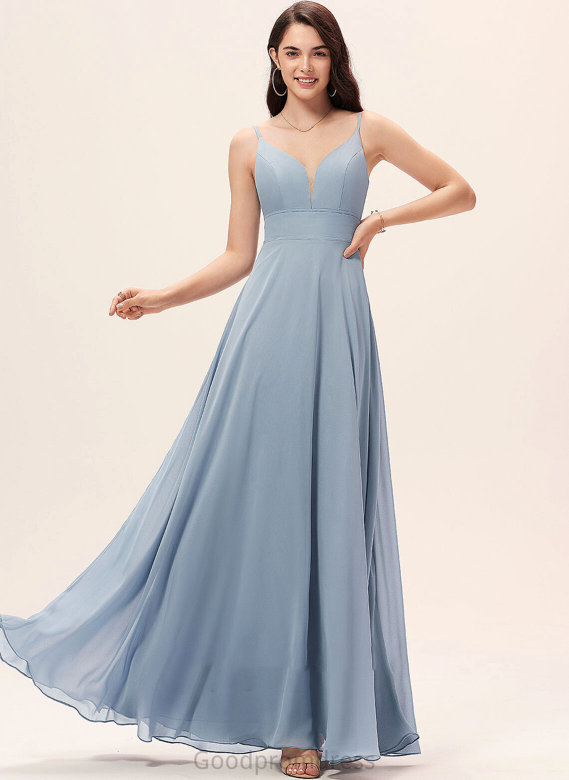 A-Line Silhouette Neckline Length Straps V-neck Fabric Floor-Length Nadia Sleeveless V-Neck A-Line/Princess Bridesmaid Dresses