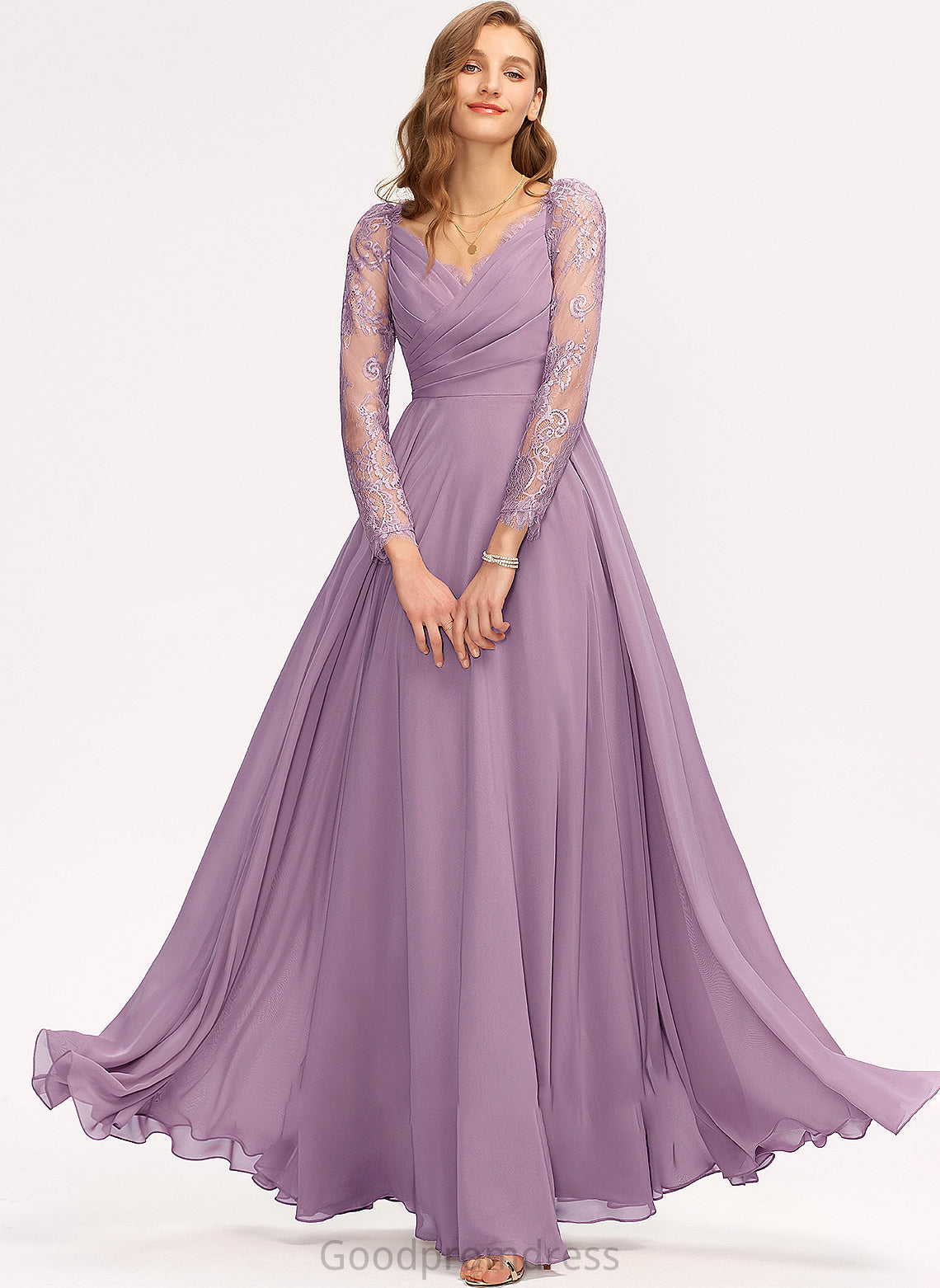 Fabric Floor-Length A-Line Silhouette V-neck Lace Length Straps Neckline Sofia Sleeveless Scoop Bridesmaid Dresses