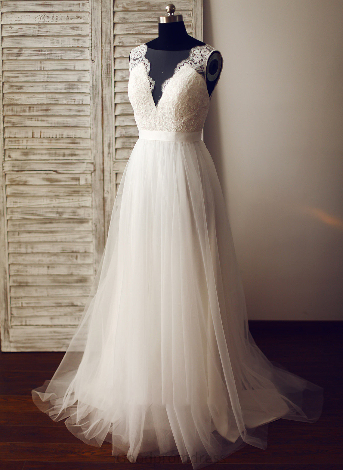V-neck Tulle A-Line Wedding Dresses Sweep Dress Alessandra Train Wedding