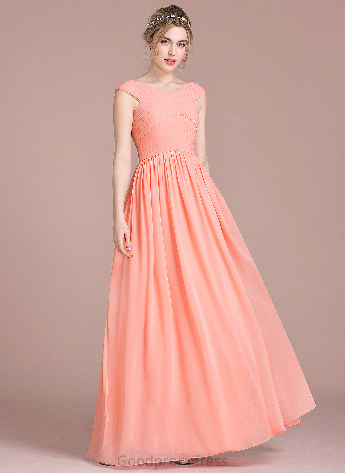 Neckline Straps Fabric V-neck Embellishment Ruffle Length Floor-Length Coral Sleeveless Natural Waist A-Line/Princess Bridesmaid Dresses