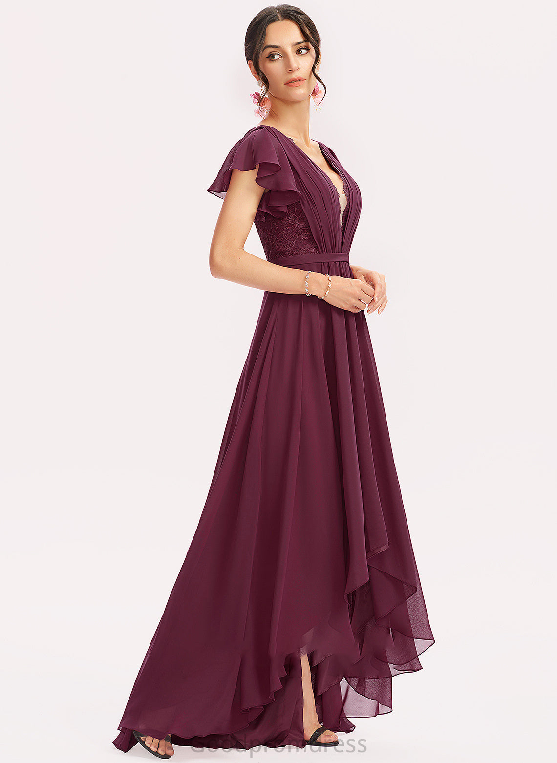 A-Line Neckline Embellishment V-neck Silhouette Asymmetrical Length Fabric Lace CascadingRuffles Harper Straps Bridesmaid Dresses
