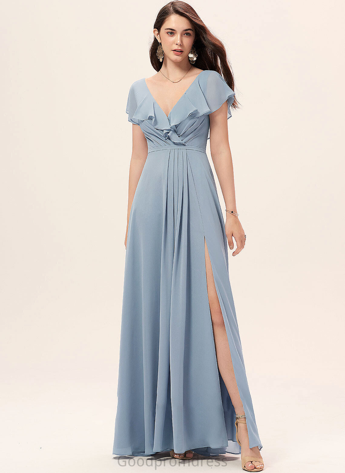 Neckline A-Line Floor-Length Embellishment SplitFront Fabric V-neck Silhouette Length Harriet Sleeveless Natural Waist Bridesmaid Dresses