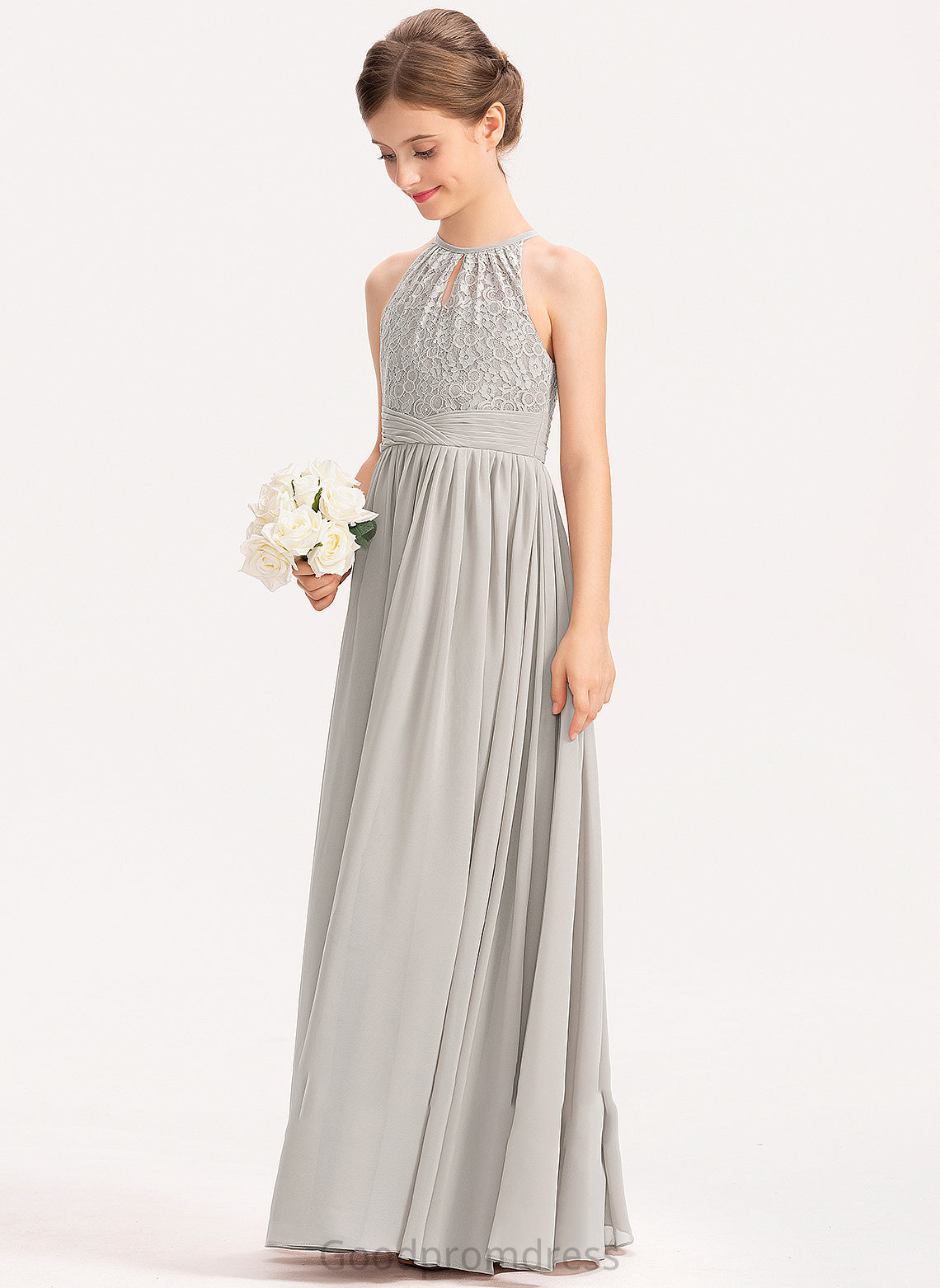 Scoop Abril A-Line Neck Junior Bridesmaid Dresses Lace With Chiffon Floor-Length Ruffle