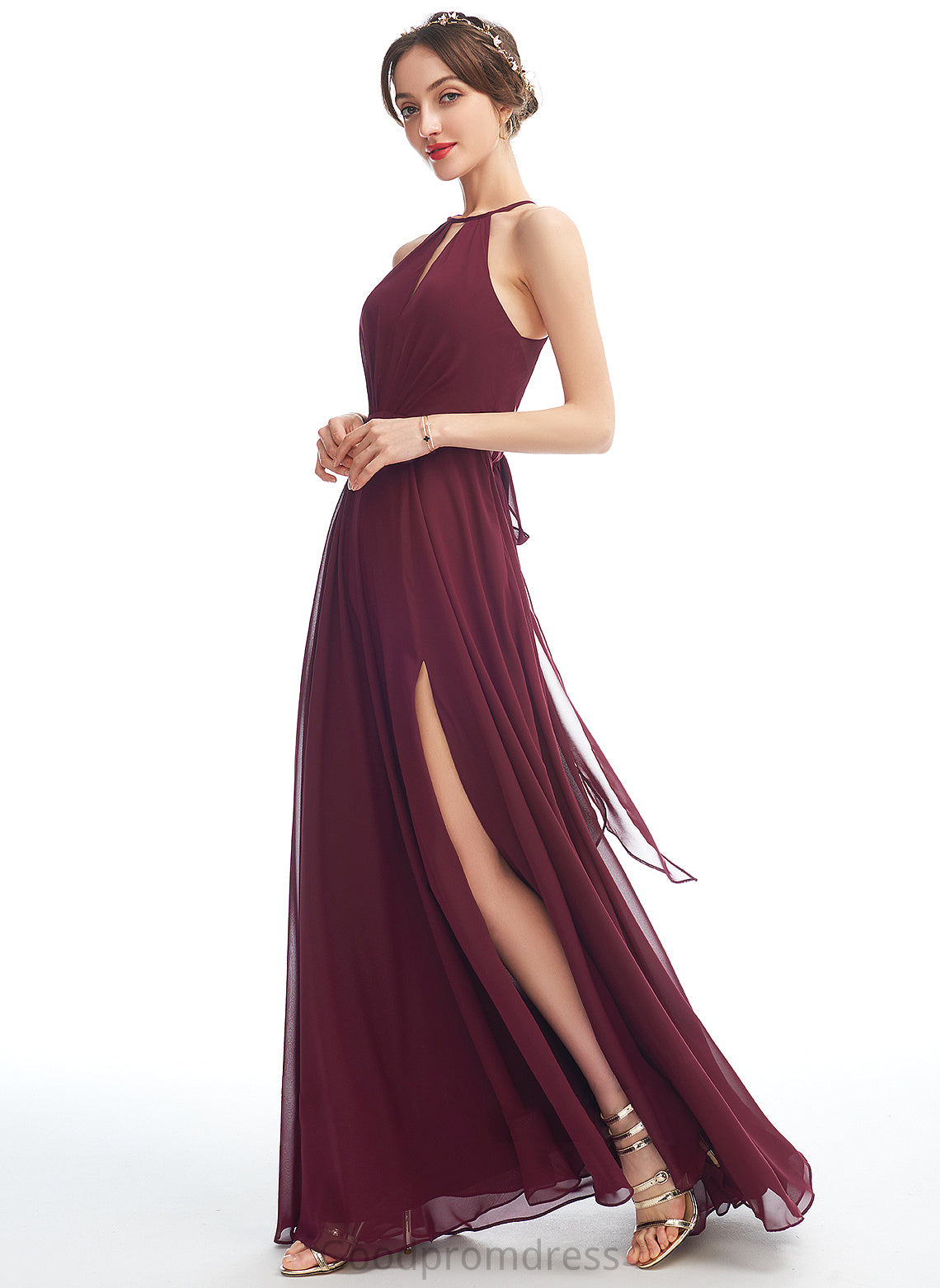 Neckline Fabric Silhouette Halter A-Line SplitFront Floor-Length Length Embellishment Laurel Natural Waist A-Line/Princess Bridesmaid Dresses