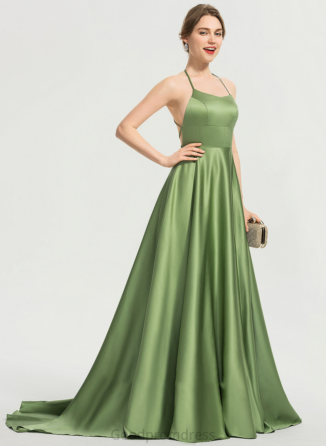 Front Train Neck Scoop Sweep A-Line Prom Dresses Satin With Camille Split
