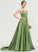 Front Train Neck Scoop Sweep A-Line Prom Dresses Satin With Camille Split
