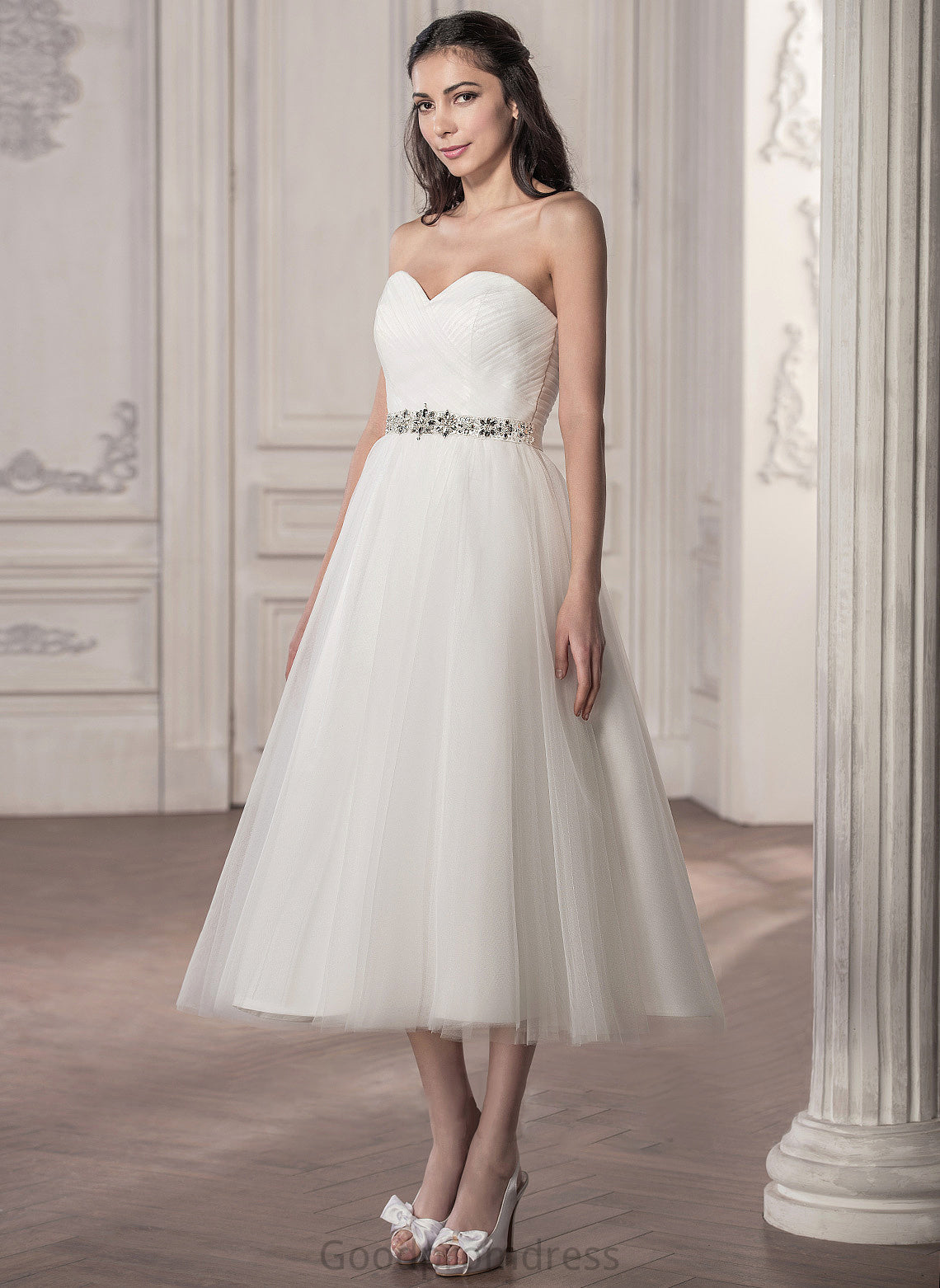 Wedding Dresses Ruffle Tea-Length Beading A-Line With Sequins Wedding Piper Sweetheart Tulle Dress