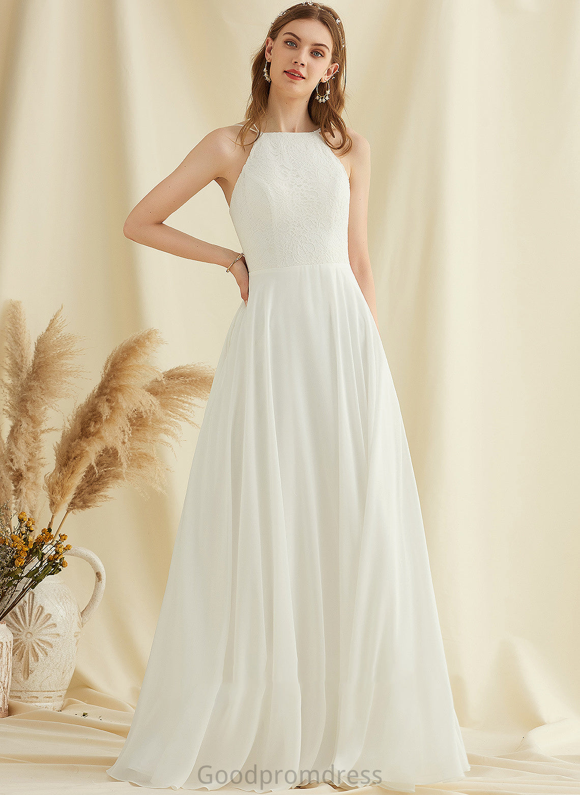 Lace Pockets Rylie Scoop Wedding A-Line Wedding Dresses Neck Dress Chiffon With Floor-Length