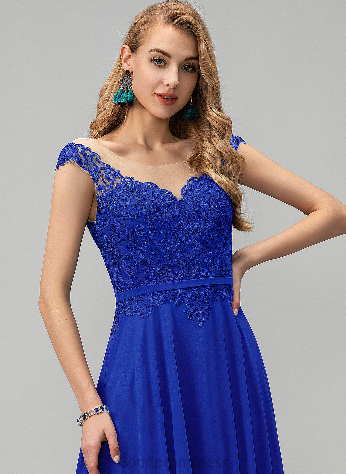 Floor-Length Lace Sequins Neck Prom Dresses Scoop With A-Line Nellie Chiffon