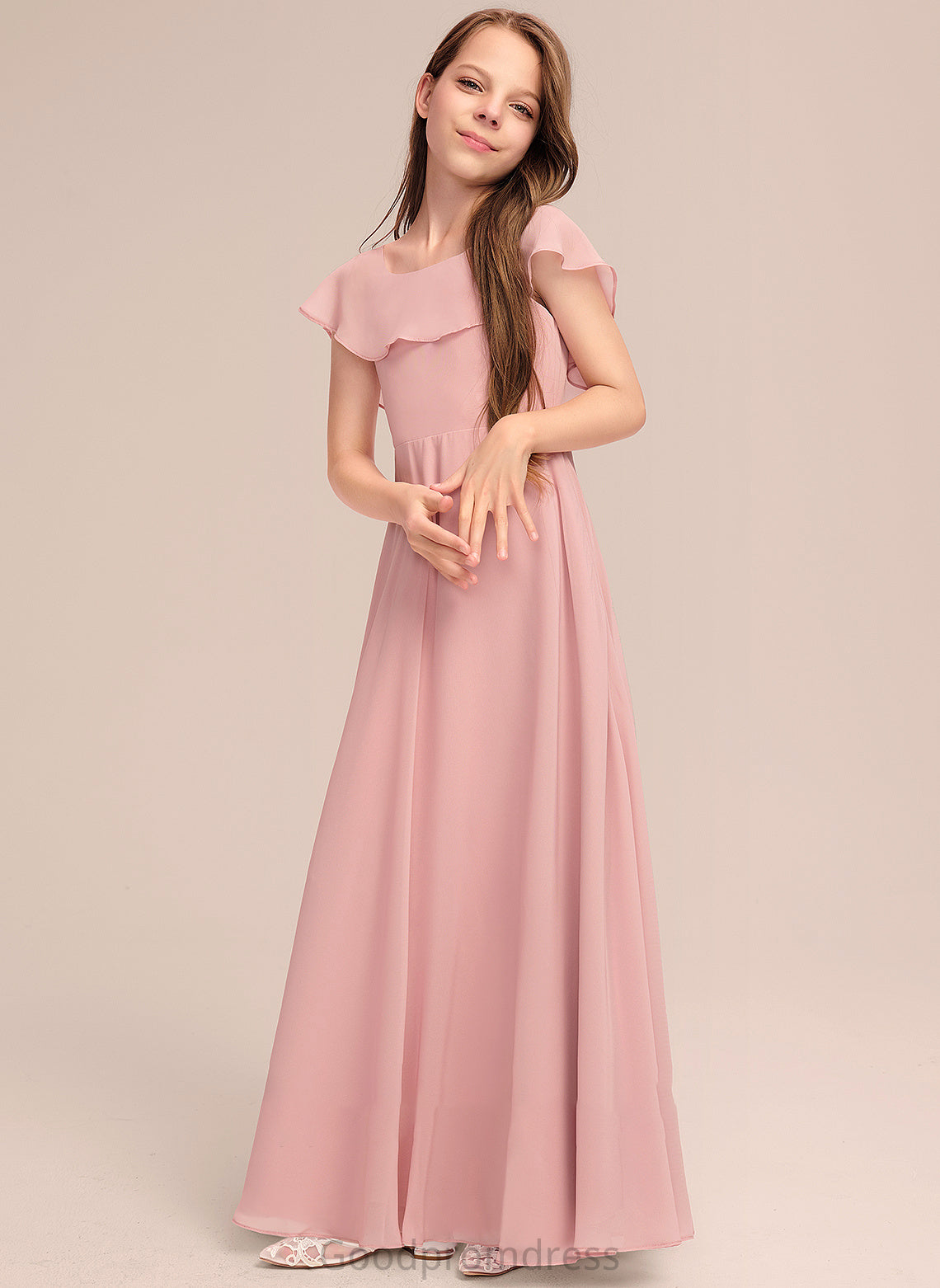 Floor-Length Scoop Mabel With Neck Cascading Junior Bridesmaid Dresses A-Line Ruffles Chiffon