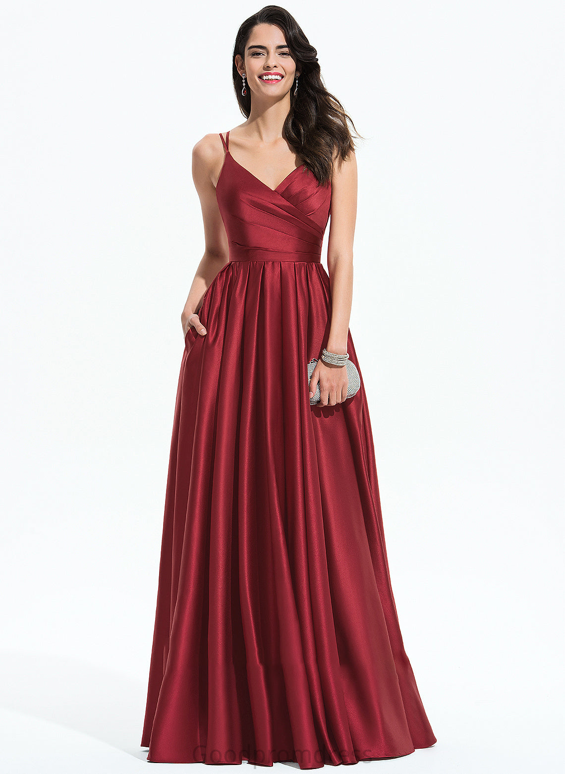 A-Line Pockets Prom Dresses Satin With Floor-Length Ruffle V-neck Kirsten