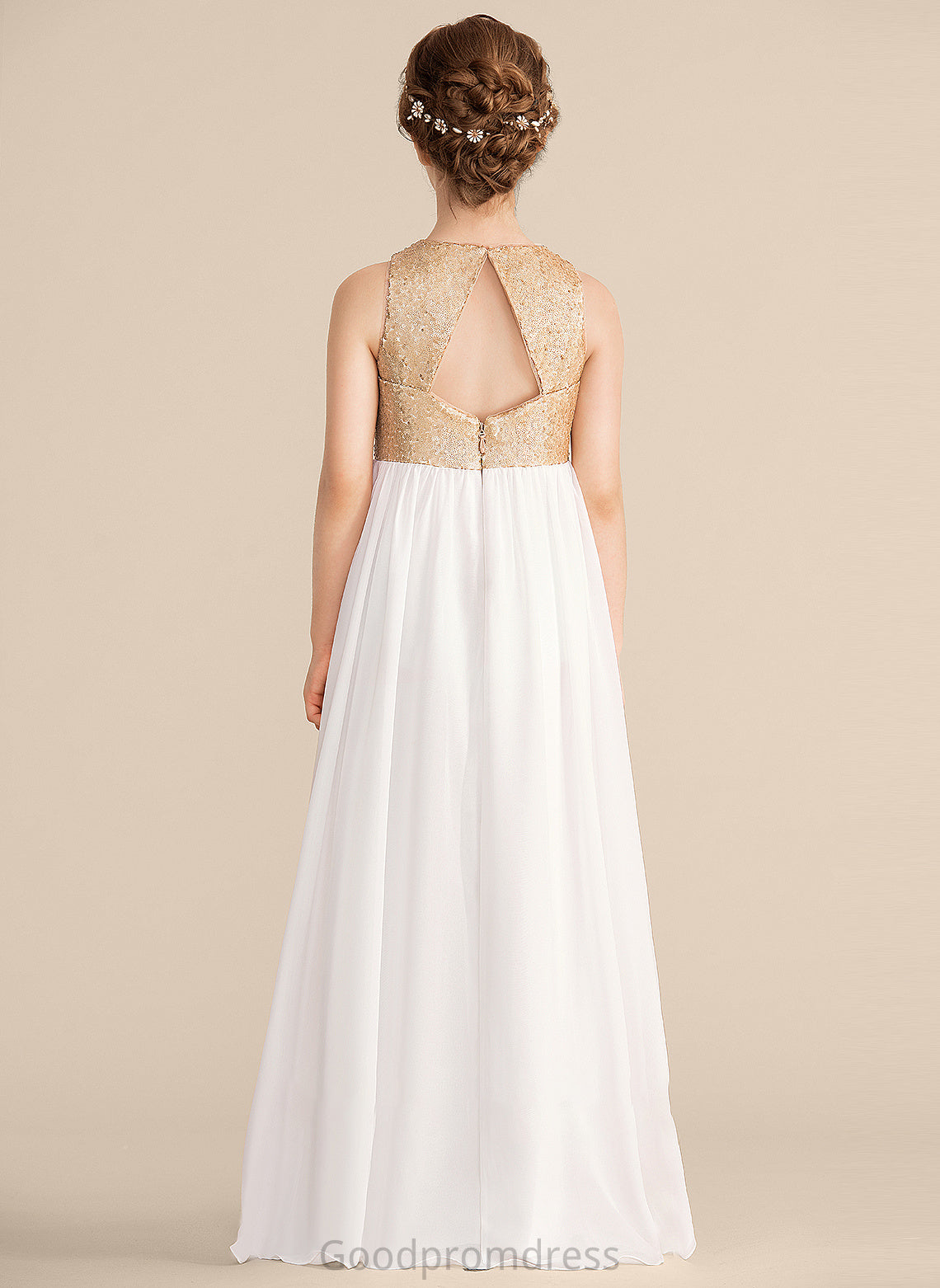 Junior Bridesmaid Dresses A-Line Mikayla Chiffon Floor-Length Neck Scoop Sequined