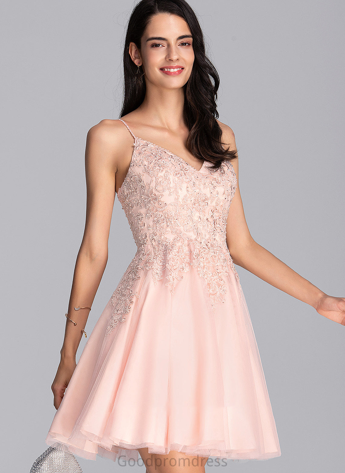 Sequins Tulle A-Line With Short/Mini Beading V-neck Cristal Prom Dresses