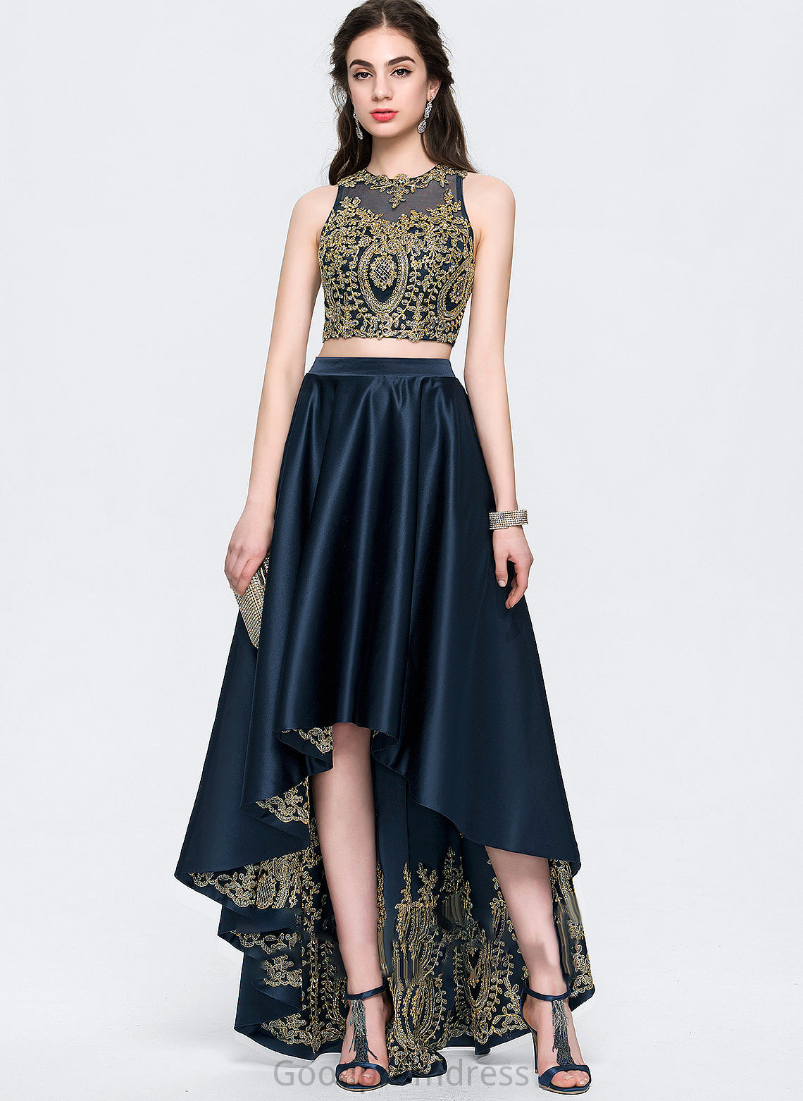 Beading Neck Stella Asymmetrical A-Line Scoop Lace Prom Dresses With Satin Sequins