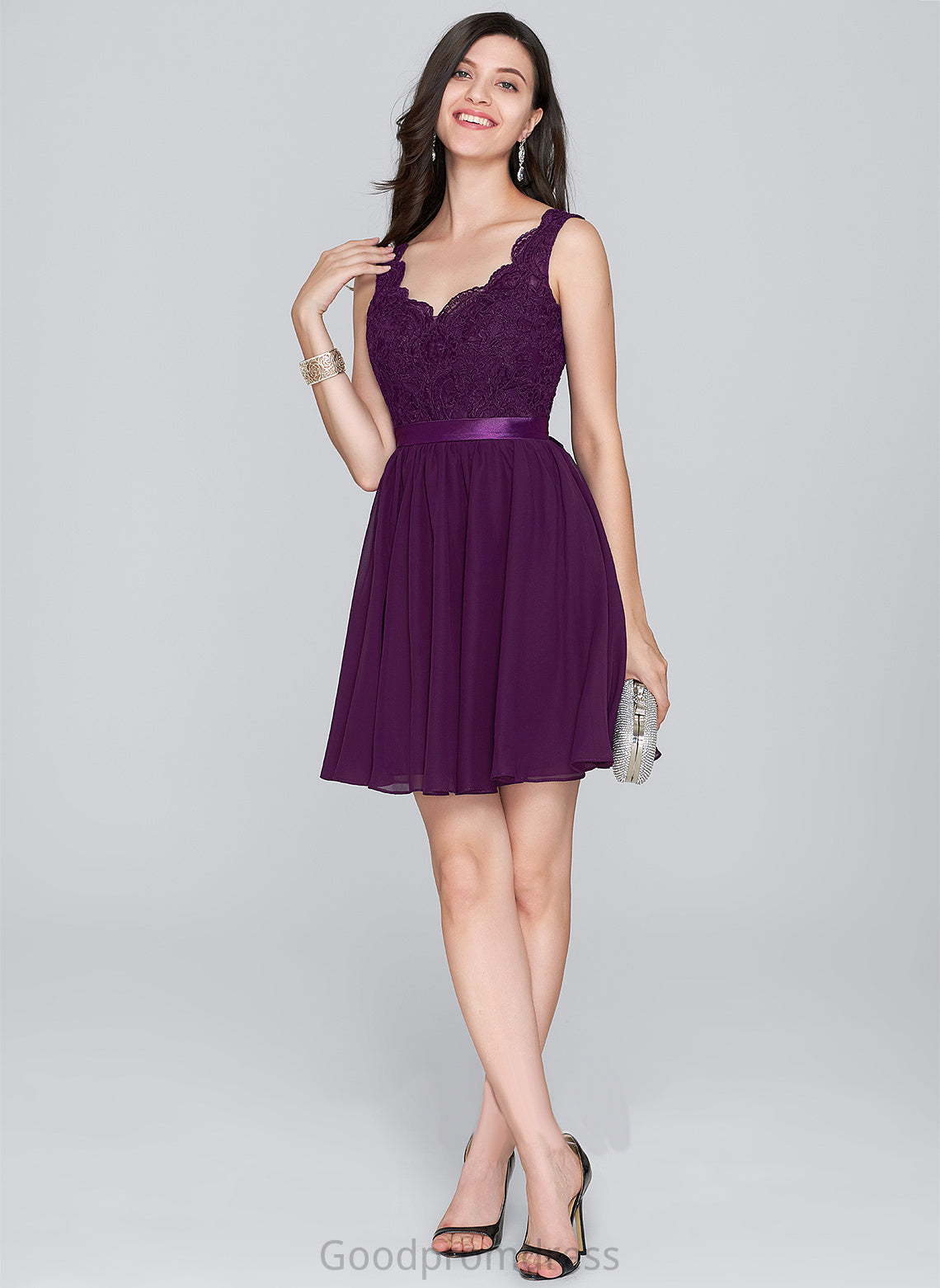 Chiffon Dress Lace Homecoming Dresses V-neck Caroline Short/Mini Homecoming With A-Line Bow(s)