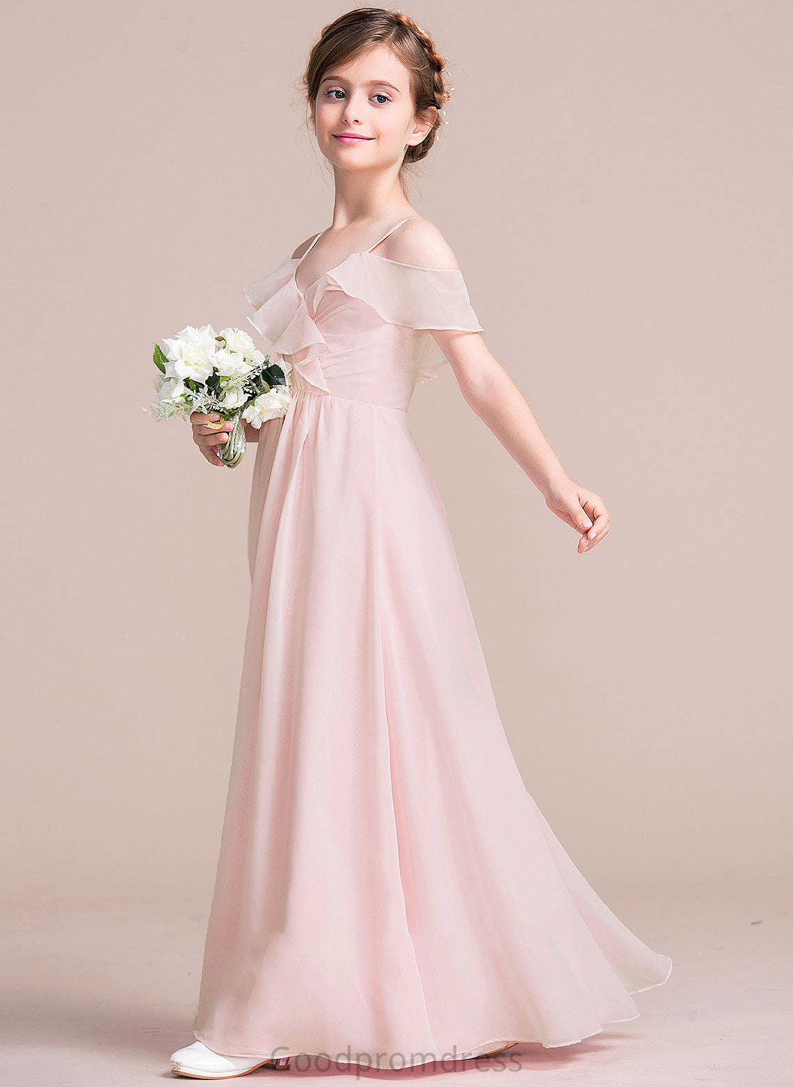 V-neck Ruffles Floor-Length Lillie Chiffon With Junior Bridesmaid Dresses Cascading A-Line