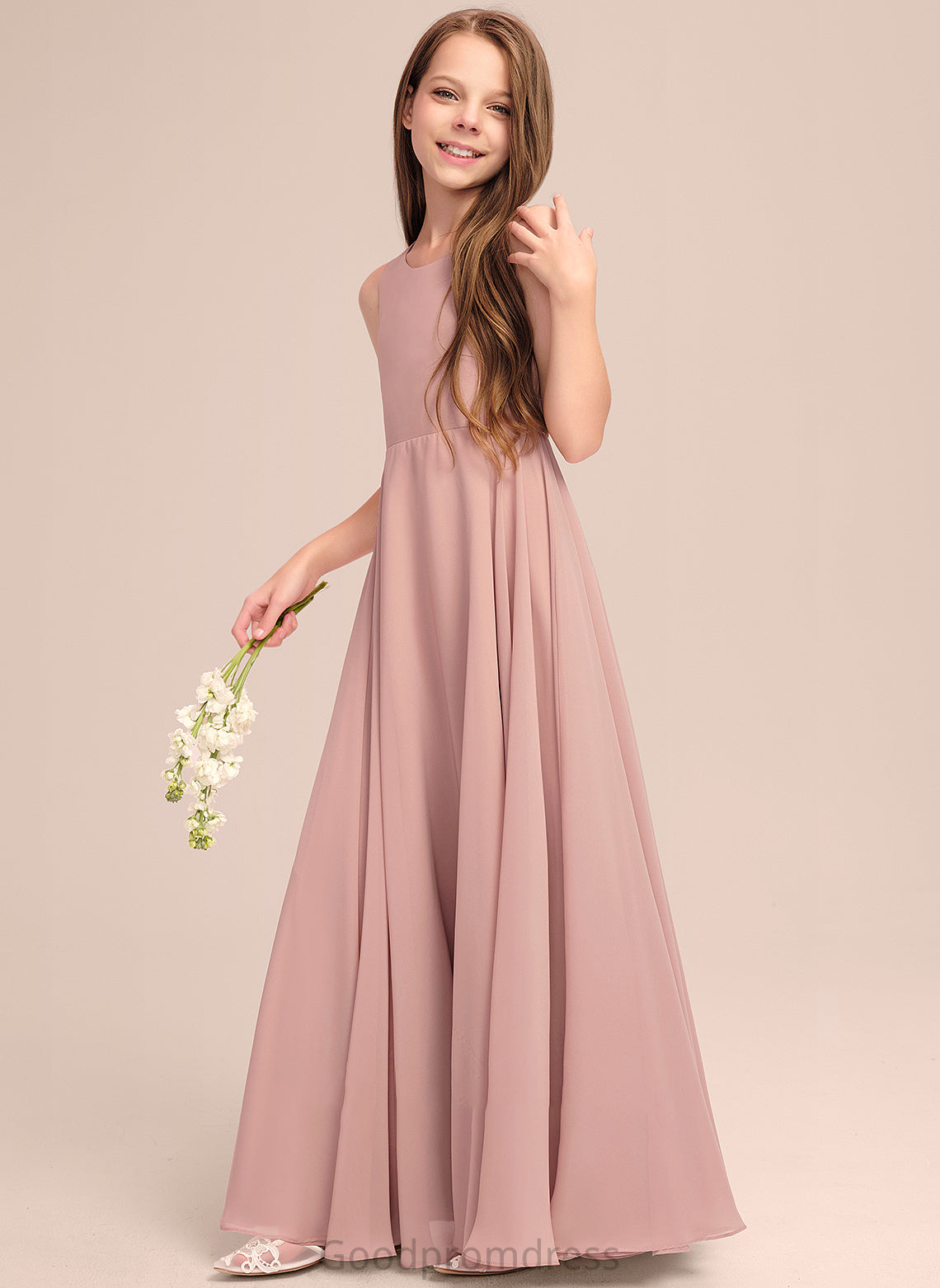 Junior Bridesmaid Dresses Karlie Bow(s) Chiffon Neck Floor-Length Scoop A-Line With