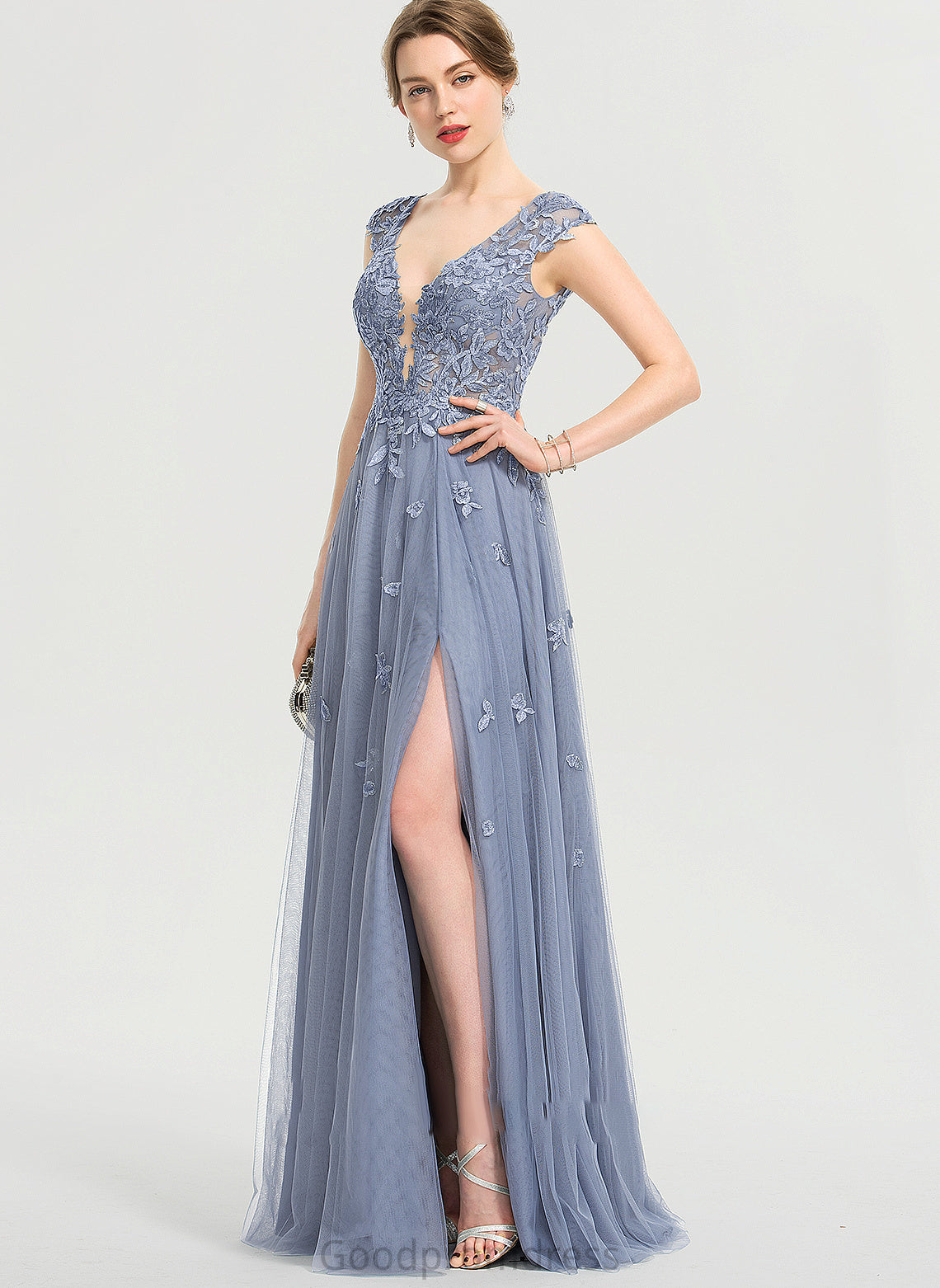 Split Floor-Length Sequins Tulle Prom Dresses Esmeralda V-neck A-Line Front With