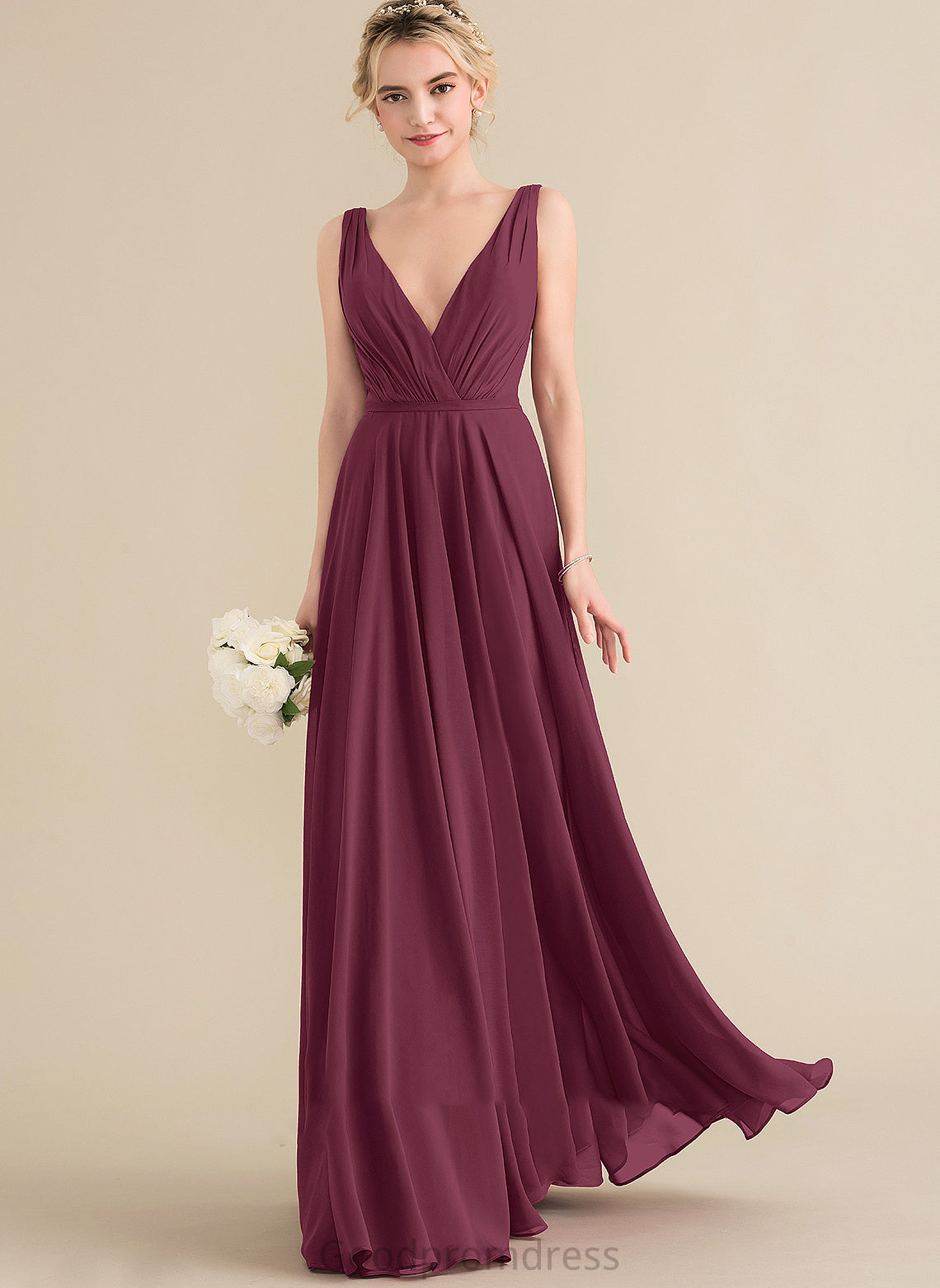 Chiffon A-Line V-neck Prom Dresses With Cadence Ruffle Floor-Length