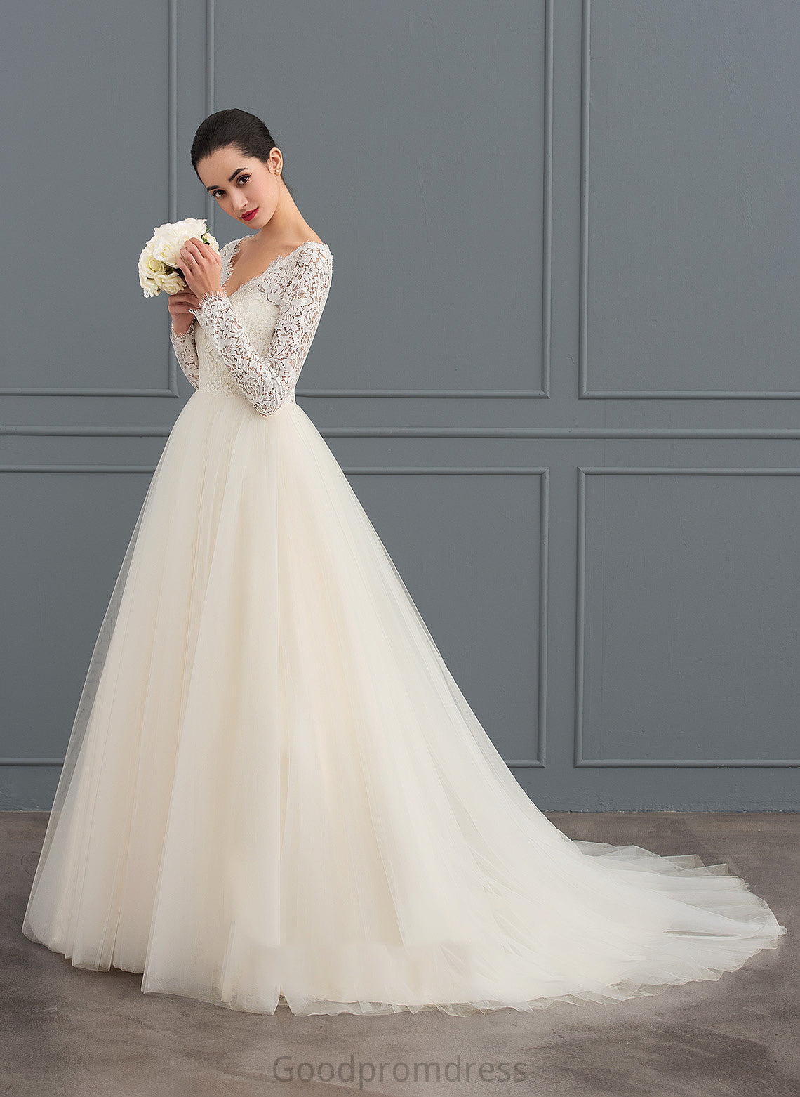 Lace Dress Wedding Dresses Wedding Ball-Gown/Princess Court Tulle Train V-neck Cailyn