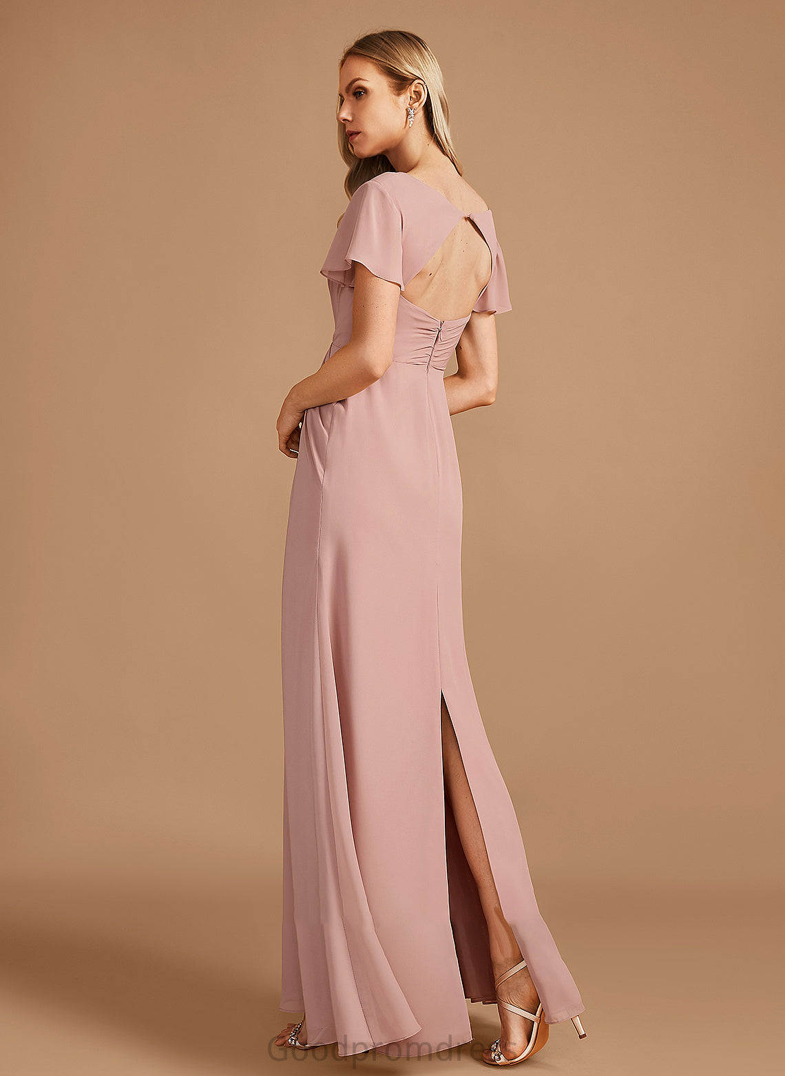 Silhouette A-Line Embellishment Length Neckline V-neck Ruffle Floor-Length Fabric Eleanor Sleeveless A-Line/Princess Bridesmaid Dresses