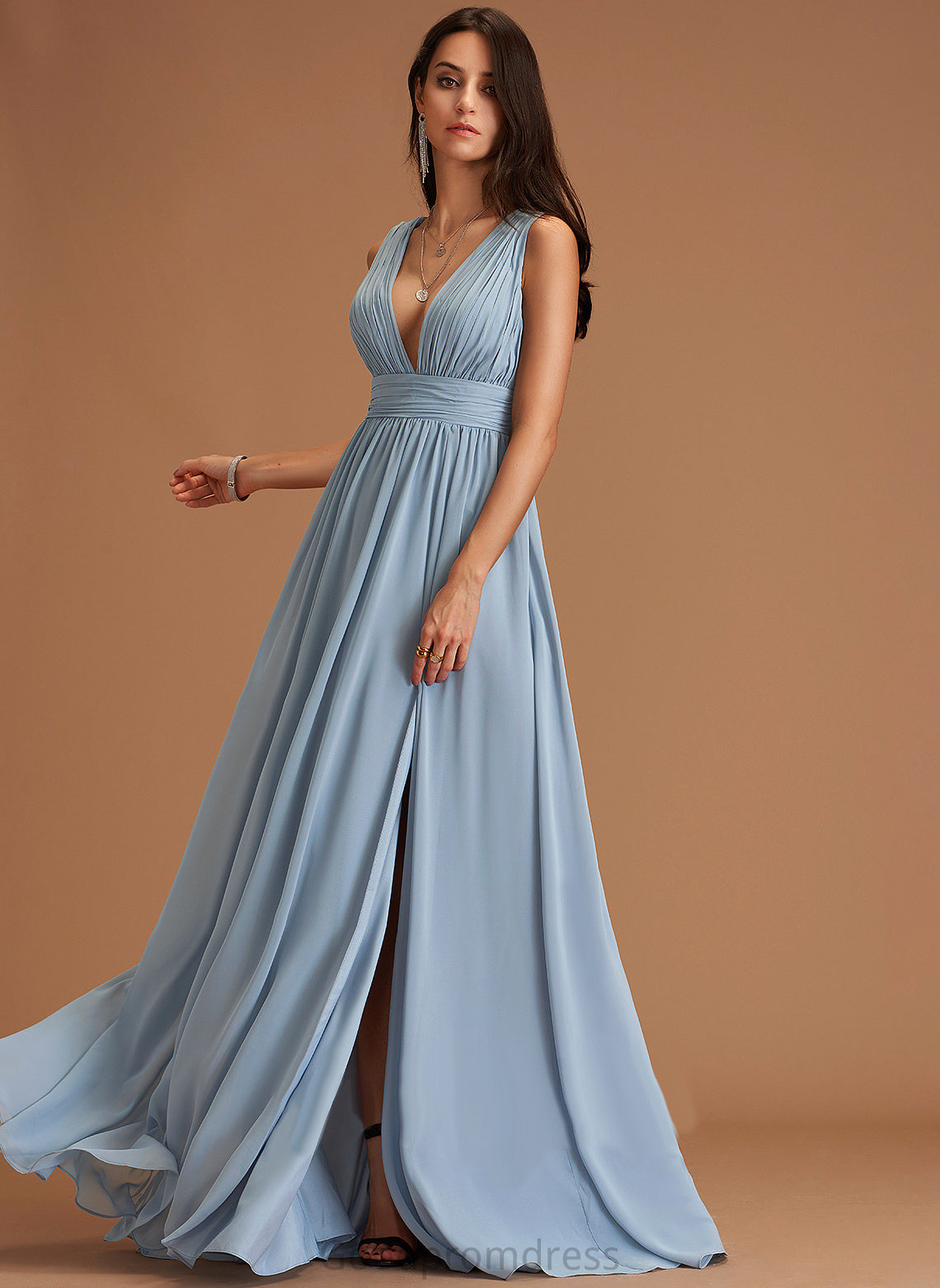 Silhouette A-Line Embellishment V-neck Fabric SplitFront Neckline Floor-Length Length Emilia Natural Waist Floor Length Bridesmaid Dresses
