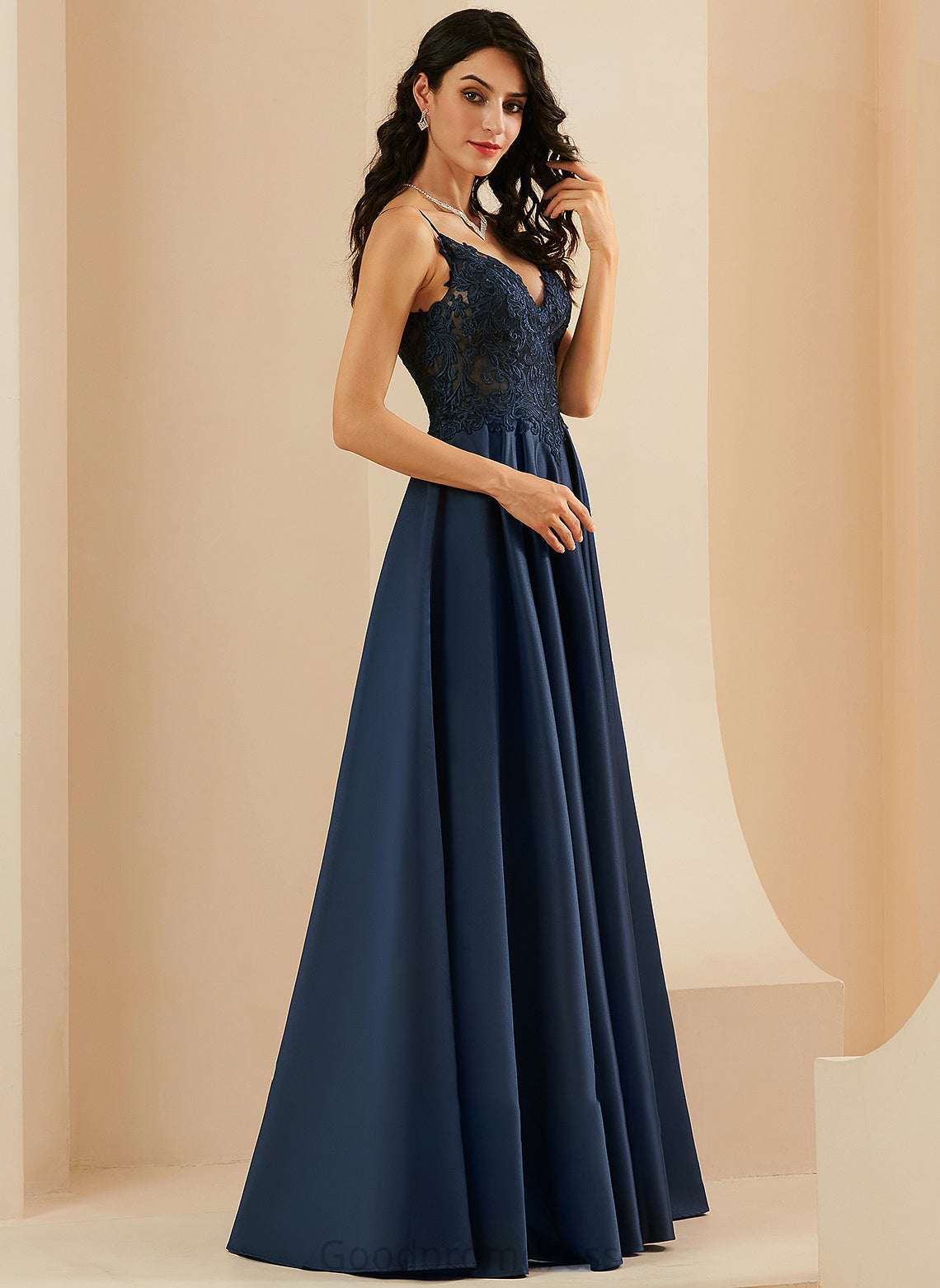 Floor-Length London V-neck Lace With A-Line Satin Prom Dresses
