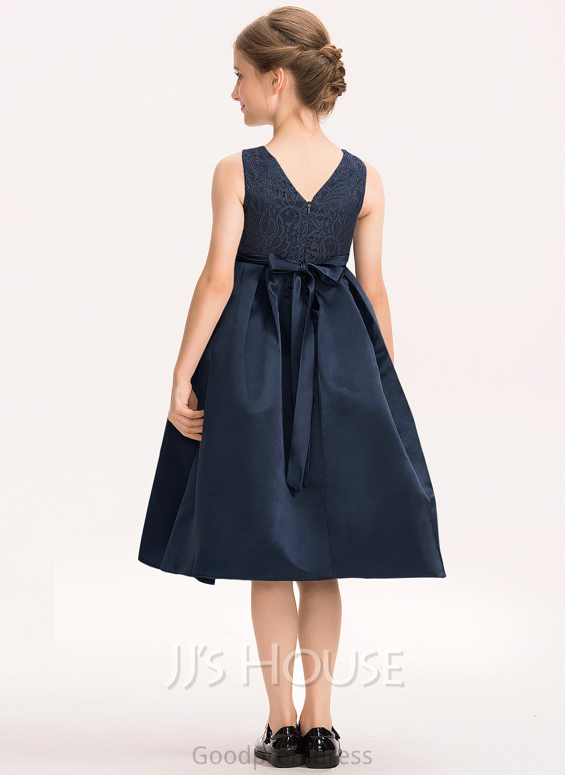 A-Line Neck Knee-Length Lace Junior Bridesmaid Dresses With Bow(s) Jayla Satin Beading Scoop
