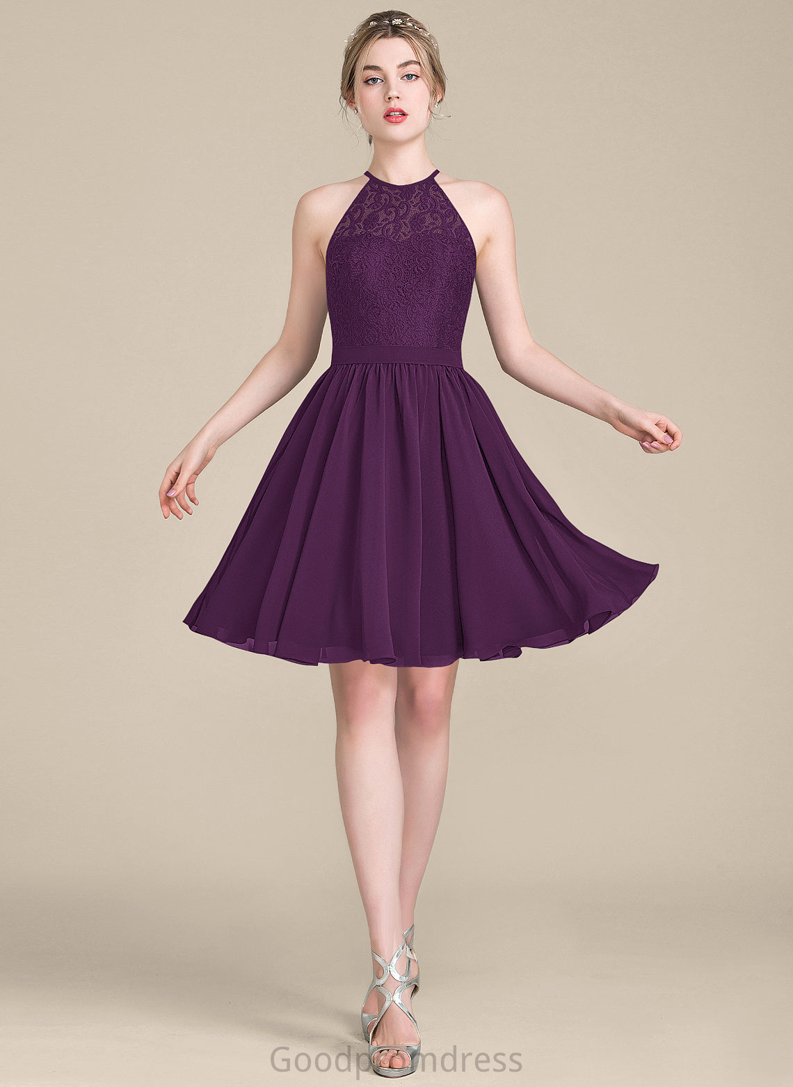 Fabric Lace Silhouette Length ScoopNeck Neckline Knee-Length Straps A-Line Nancy Sweetheart A-Line/Princess Bridesmaid Dresses
