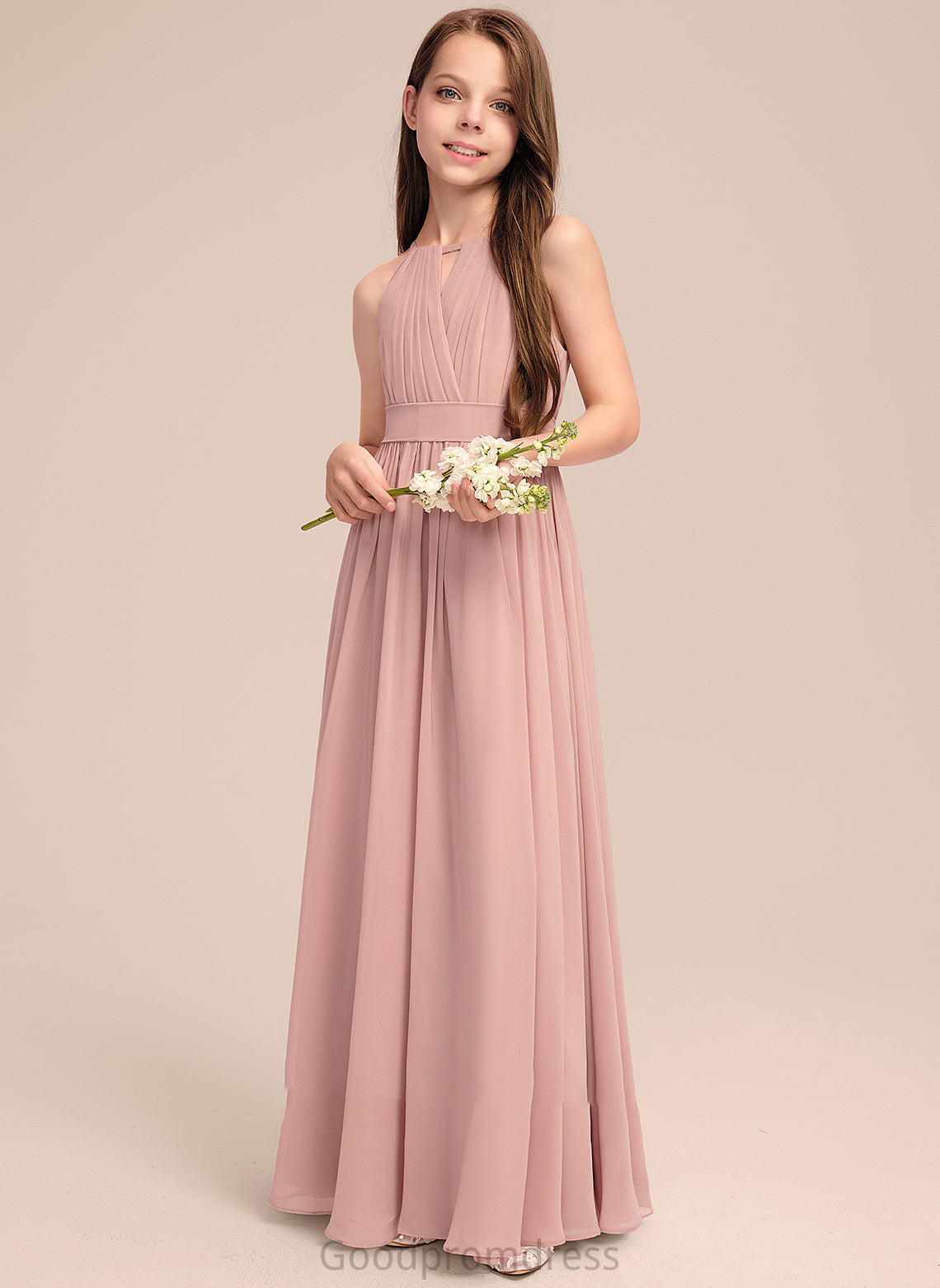 Junior Bridesmaid Dresses Chiffon Bow(s) Ruffle Scoop Floor-Length With Neck Mariam A-Line