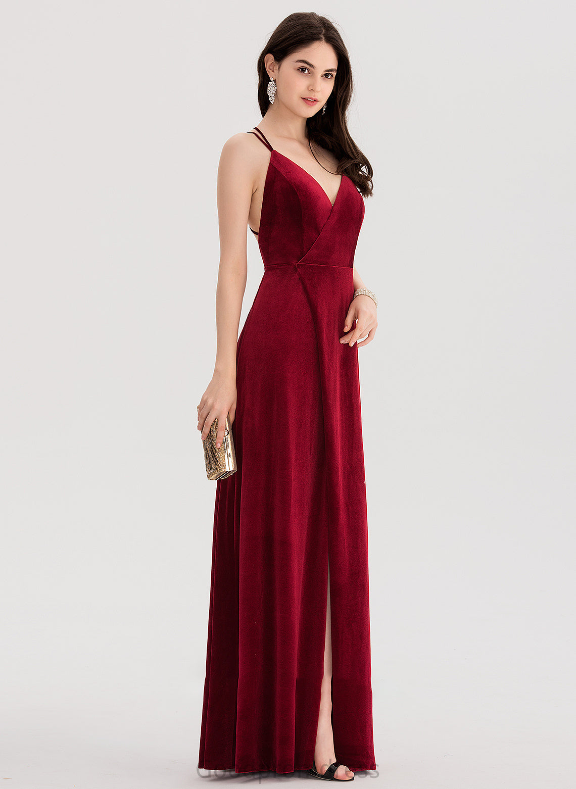 Split Prom Dresses Floor-Length A-Line Front With Velvet V-neck Janiyah