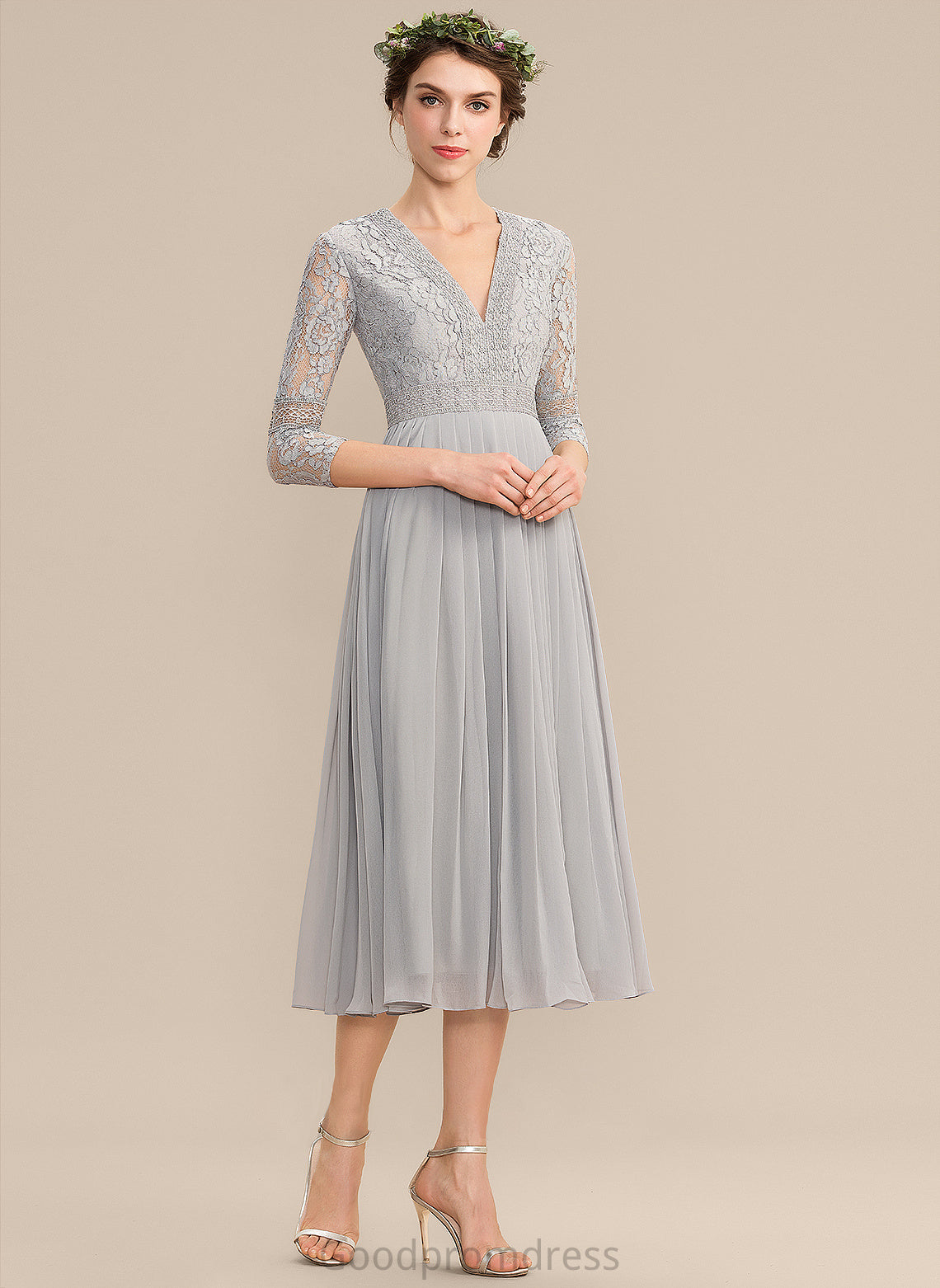 Silhouette Pleated Embellishment Tea-Length Fabric Length Neckline V-neck A-Line Delaney Natural Waist A-Line/Princess Bridesmaid Dresses