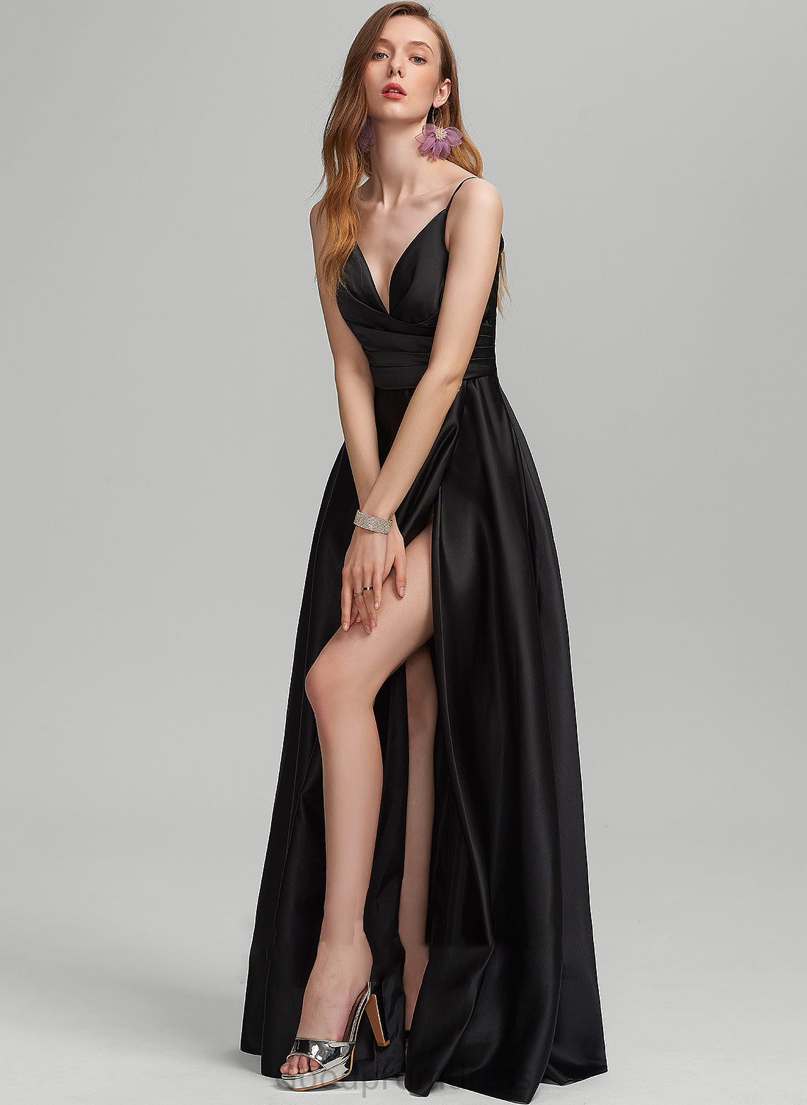 Silhouette Neckline Ruffle Fabric SplitFront Embellishment A-Line Length Floor-Length V-neck Tatiana Sleeveless Bridesmaid Dresses
