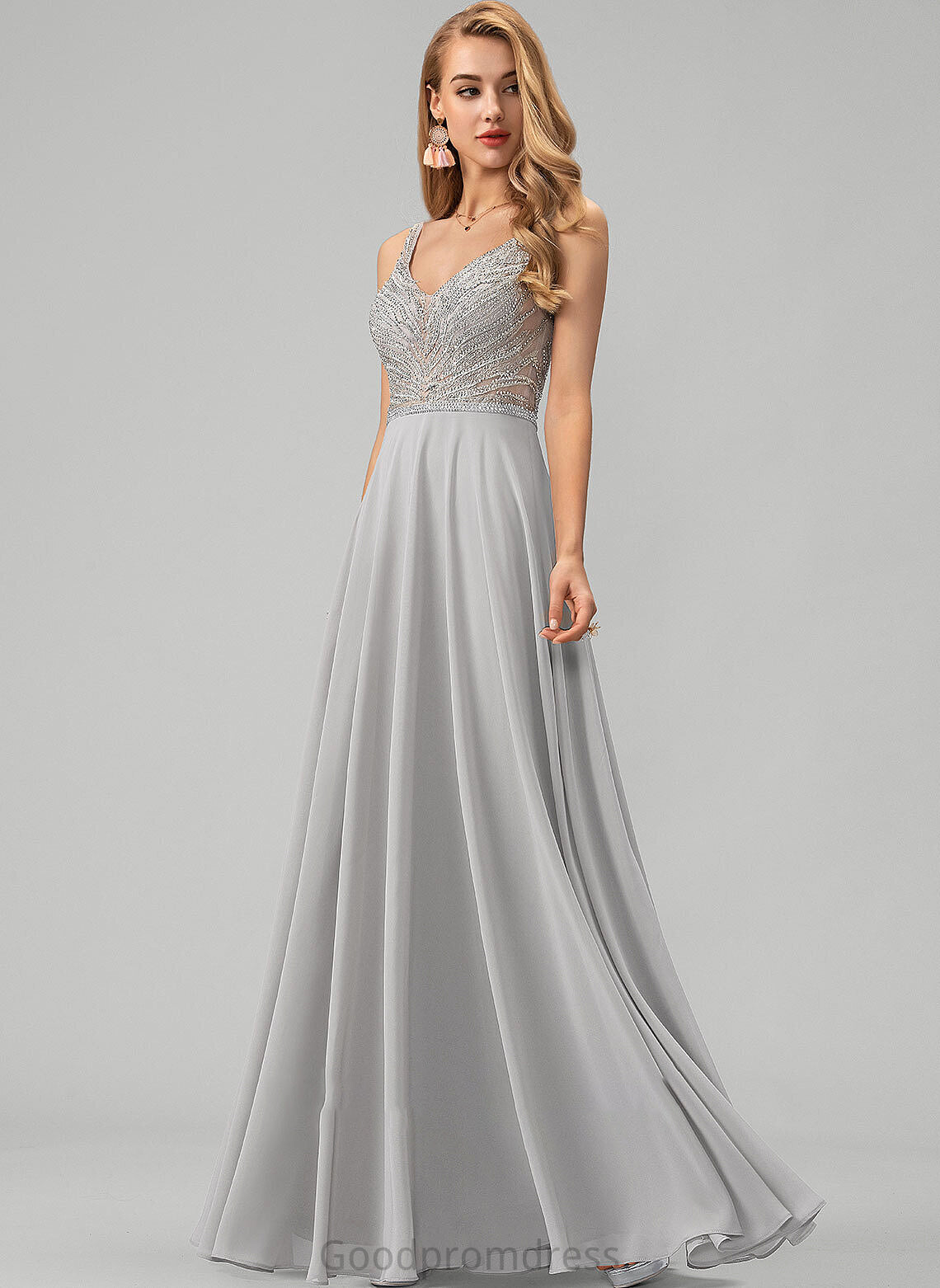 Prom Dresses A-Line Phoebe Sequins Chiffon With Floor-Length V-neck Beading